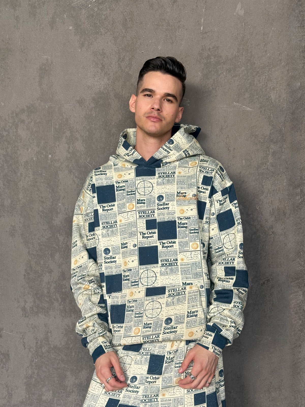 Inkwalkers Newspaper Co-ord Hoodie - Cream/Navy