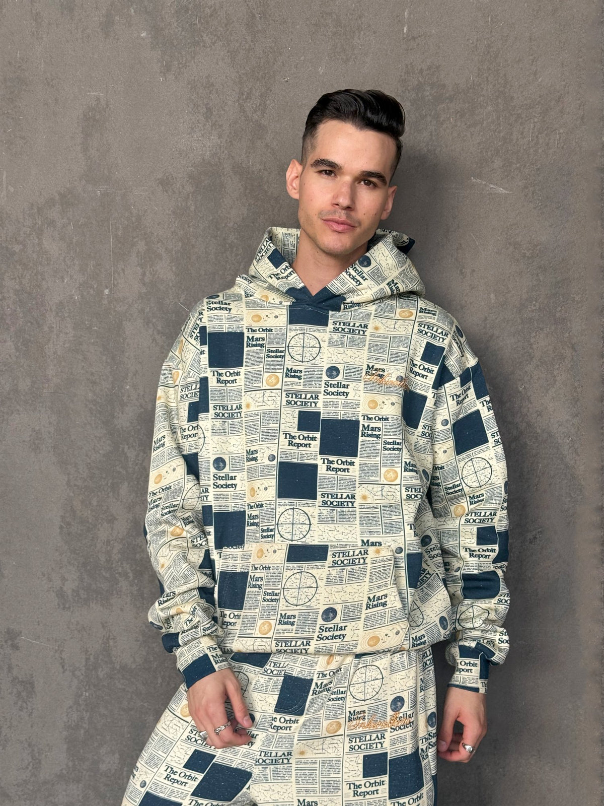 Inkwalkers Newspaper Co-ord Hoodie - Cream/Navy