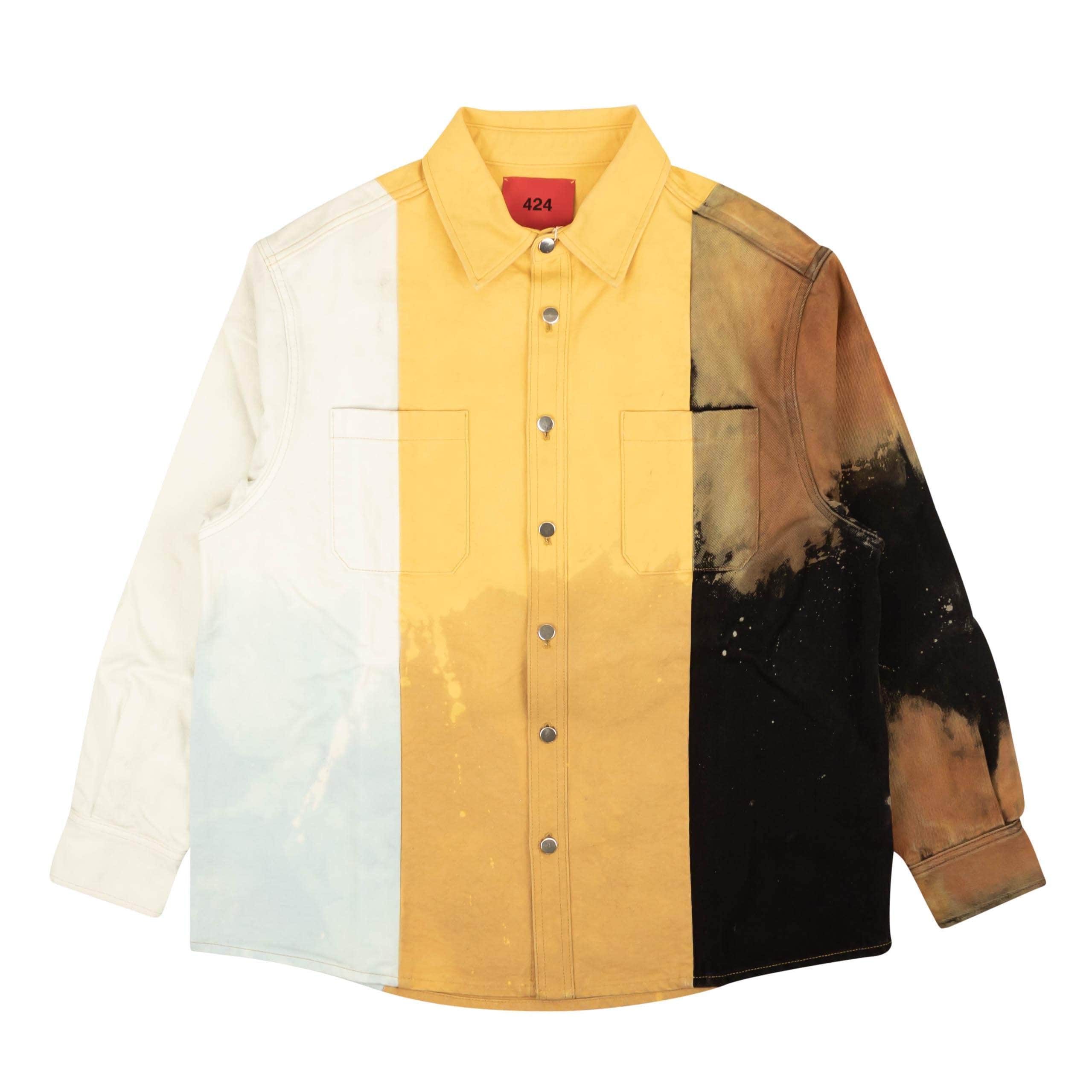 424 ON FAIRFAX 250-500, 424-on-fairfax, channelenable-all, chicmi, couponcollection, gender-mens, main-clothing, mens-shoes, size-m, size-s, size-xs Multi Colorblock Denim BUtton Down Shirt