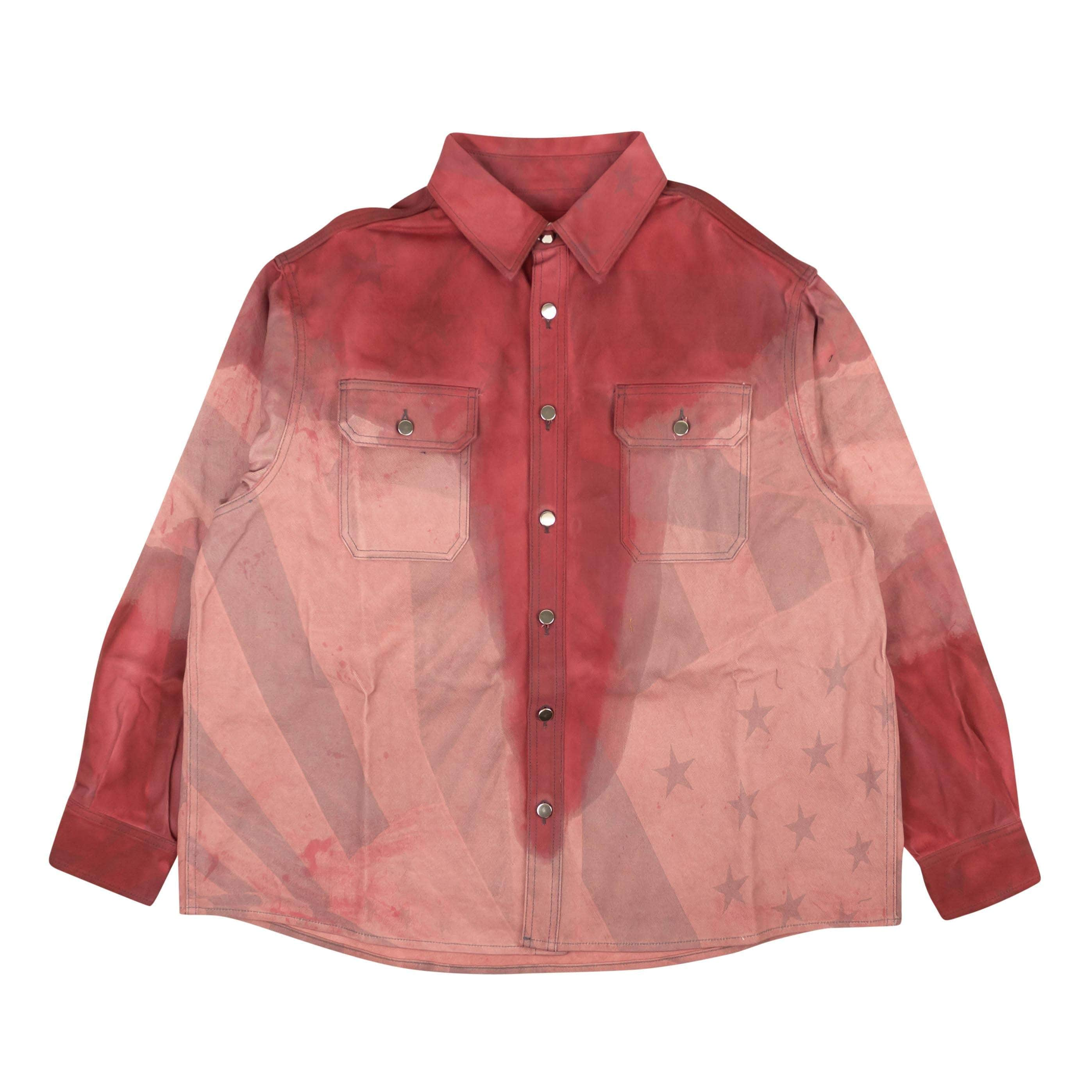 424 ON FAIRFAX 95-424-1156/L NEW 424 ON FAIRFAX Dark Pink Allover Flag Print Dye Denim Shirt Size L $860 95-424-1156/L