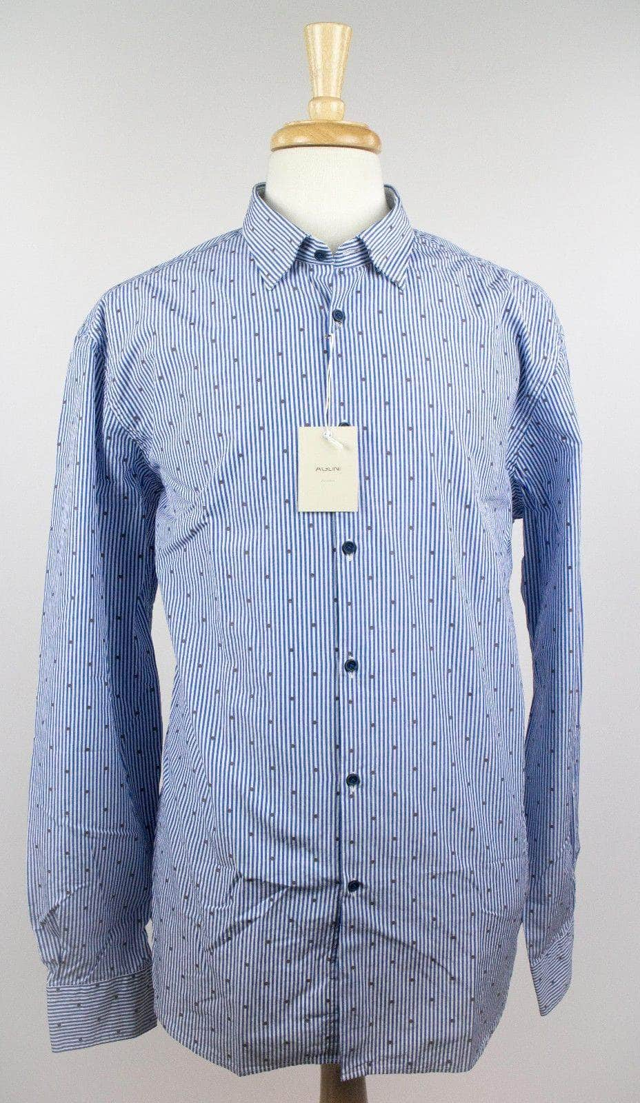 Aglini 16AB-540/18.5 NWT Aglini Men's Black Dots On Blue Stripes 100% Cotton Dress Shirt Size 46/18.5 16AB-540/18.5