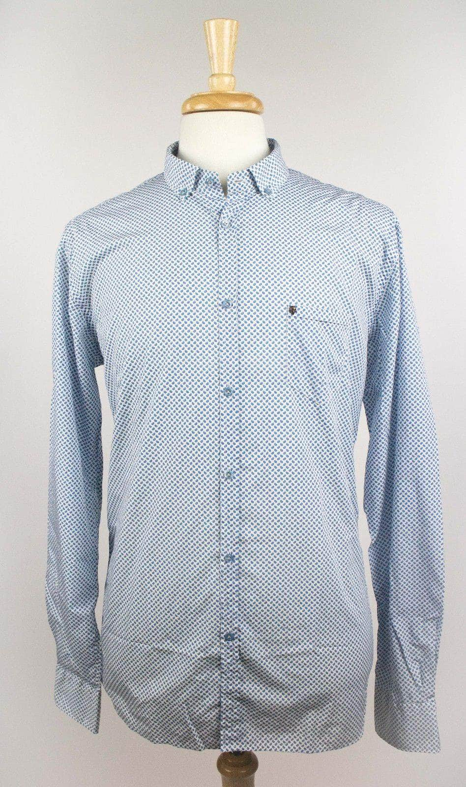 Aglini 16AB-541/17.5 NWT Aglini Men's Blue Paisley Dots On White 100% Cotton Dress Shirt Size 44/17.5 16AB-541/17.5