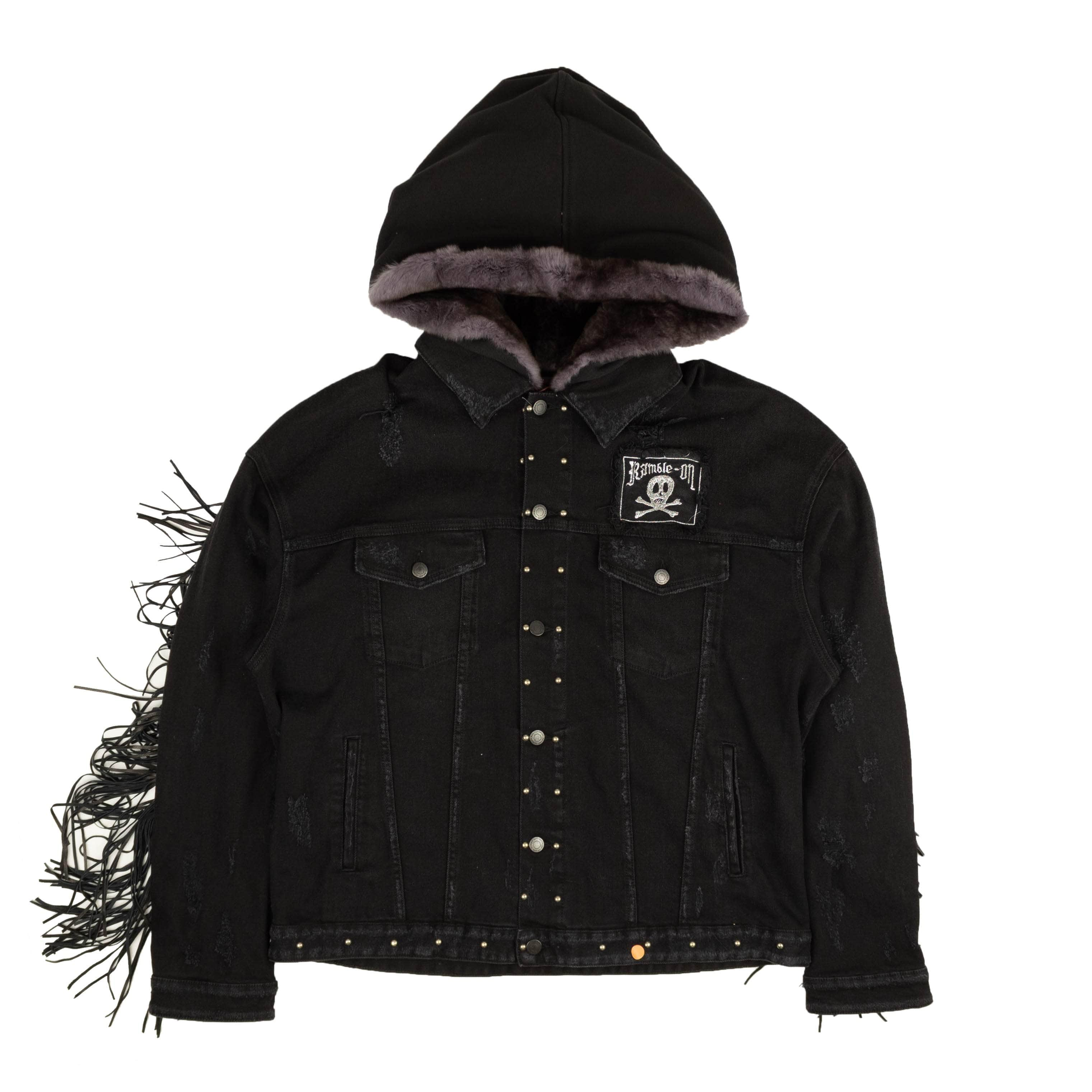 Alchemist 75LE-286/L NWT ALCHEMIST Black Fleetwood Fur Denim Hooded Trucker Jacket Size L $4330 75LE-286/L