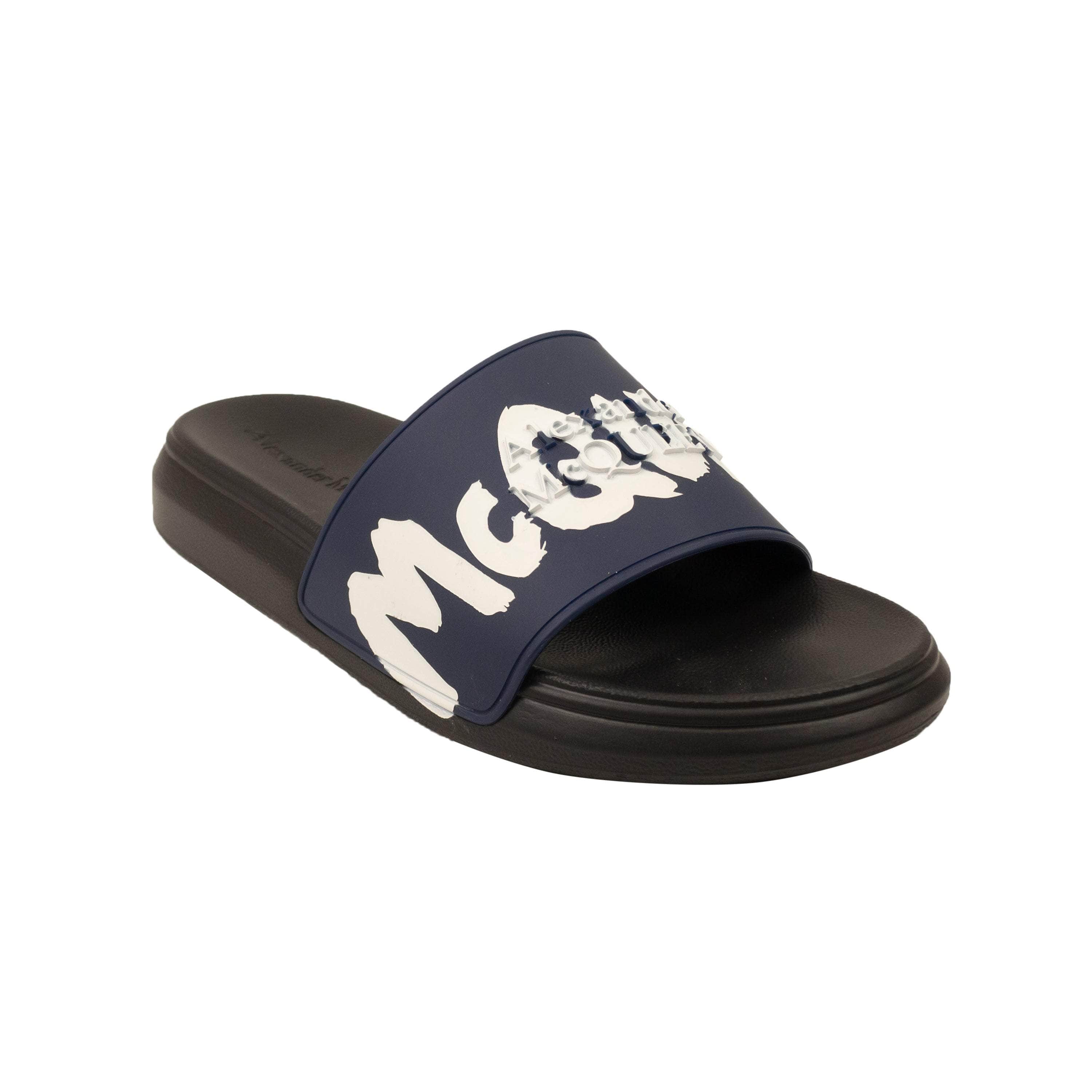 Alexander McQueen 250-500, alexander-mcqueen, channelenable-all, chicmi, couponcollection, gender-mens, main-shoes, mens-shoes, mens-slides-slippers, size-40, size-41, size-44-5, size-45 Black And Navy Graffiti Logo Pool Slides