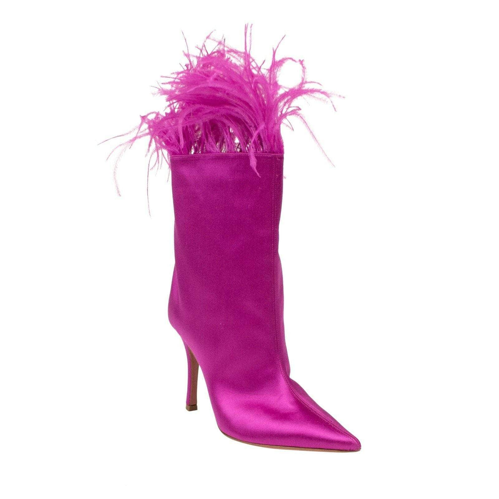 Amina Muaddi 75LE-2065/6 NIB AMINA MUADDI Pink Satin 'Nakia Plume' Heels Boots Size 6/36 75LE-2065/6