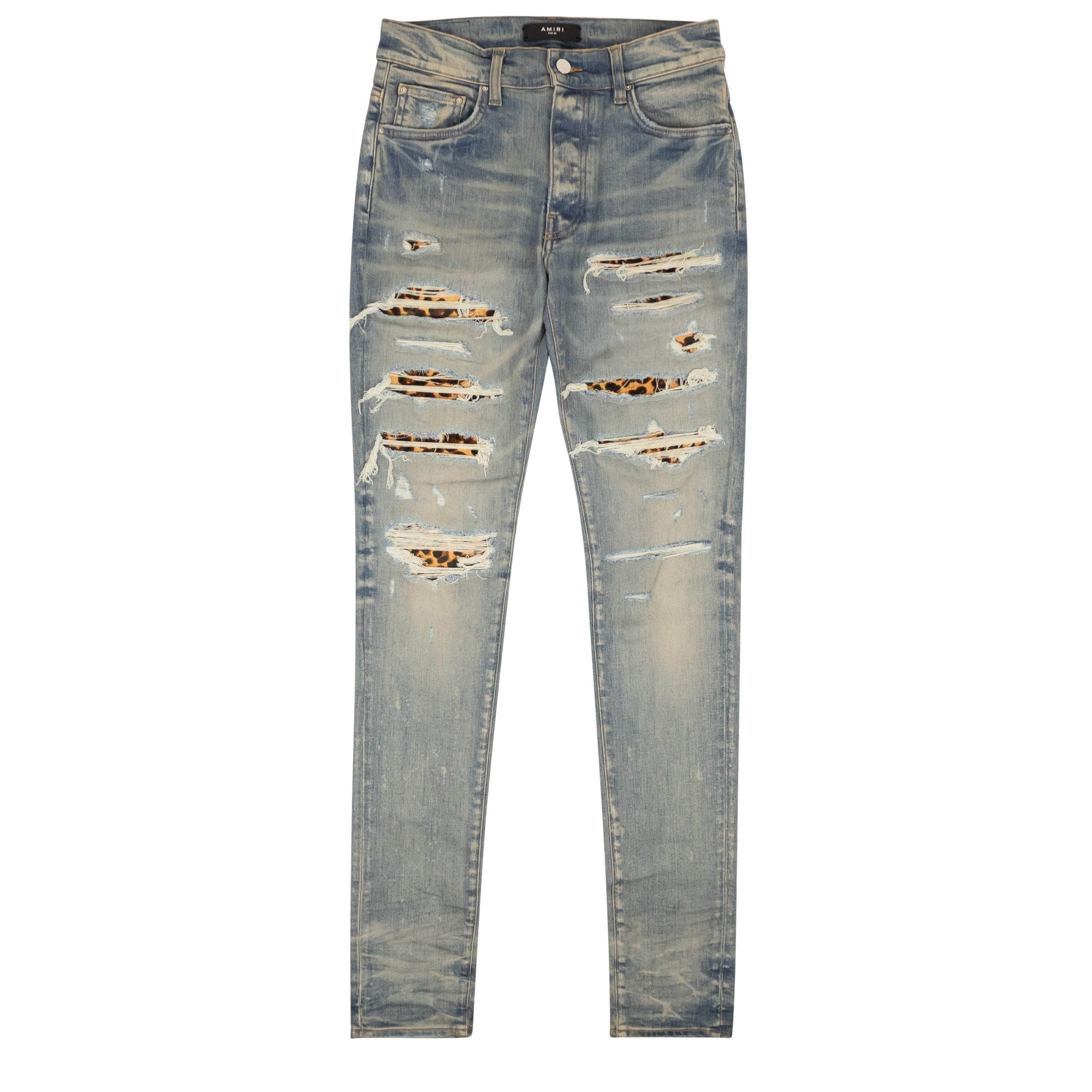 Amiri 1000-2000, amiri, channelenable-all, chicmi, couponcollection, gender-mens, main-clothing, mens-shoes, mens-slim-fit-jeans, size-30, size-31, SPO 30 / MDS105_408 Clay And Indigo Leopard Distressed Thrasher Jeans 95-AMR-1181/30 95-AMR-1181/30