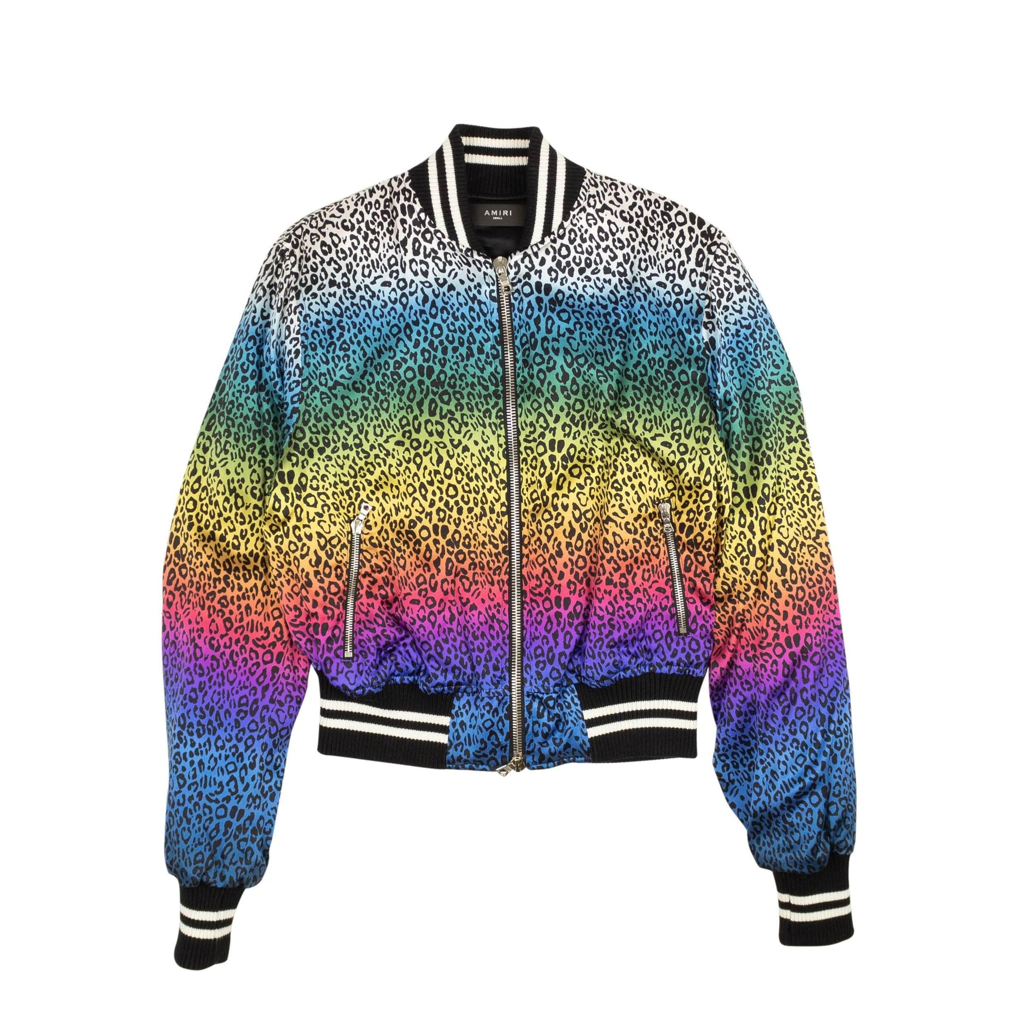 Amiri 250-500, amiri, channelenable-all, chicmi, couponcollection, gender-womens, main-clothing, size-m, size-s, size-xs, SPO, womens-bombers Black Silk Rainbow Leopard Bomber Jacket