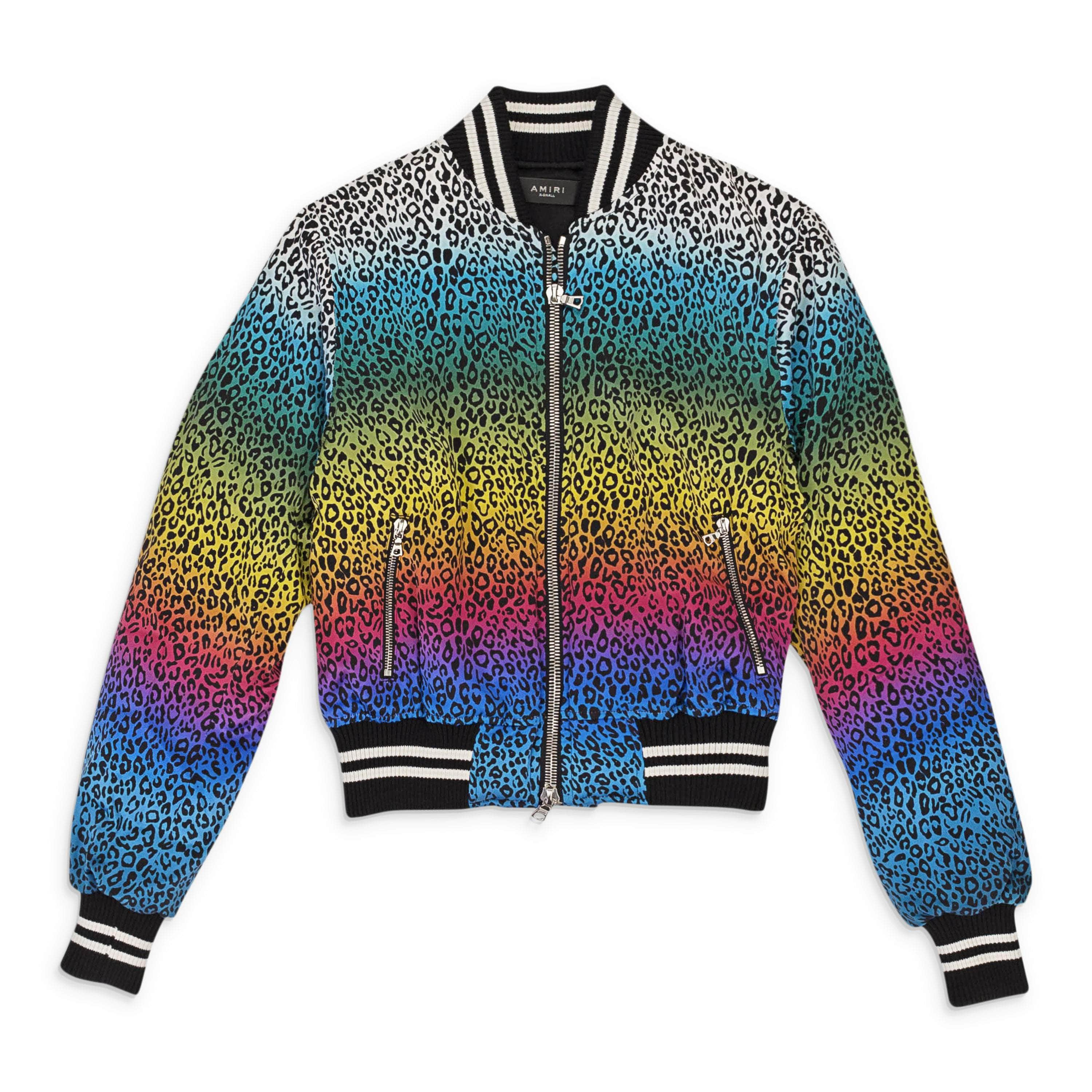 Amiri 93-AMR-0064/S NEW AMIRI Black Silk Rainbow Leopard Bomber Jacket Size S $2100 93-AMR-0064/S