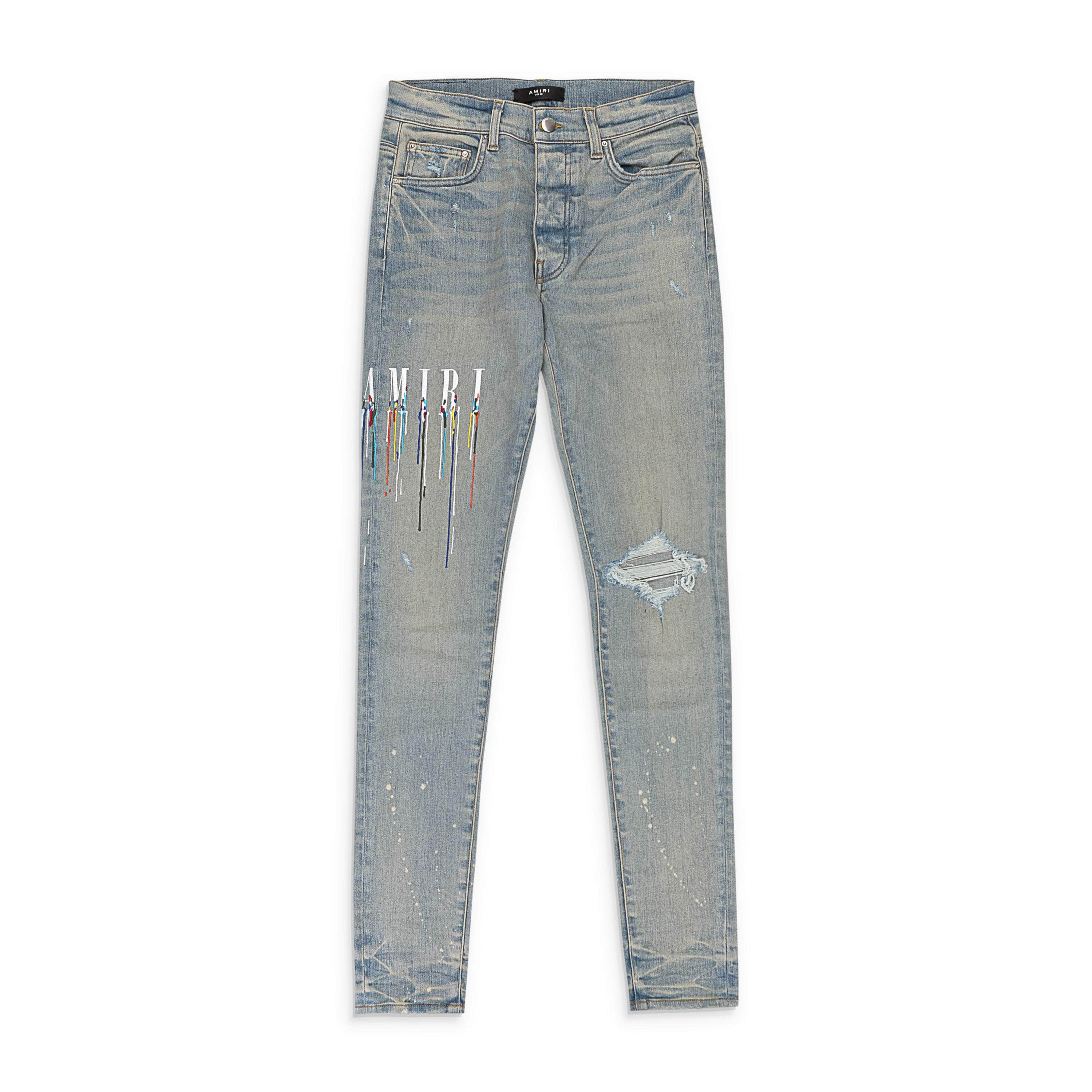 Amiri AMR-XJNS-0097/29 NWT Amiri PAINT DRIP LOGO JEAN Clay Indigo Straight-Fit Jeans Size 29 $1290 AMR-XJNS-0097/29