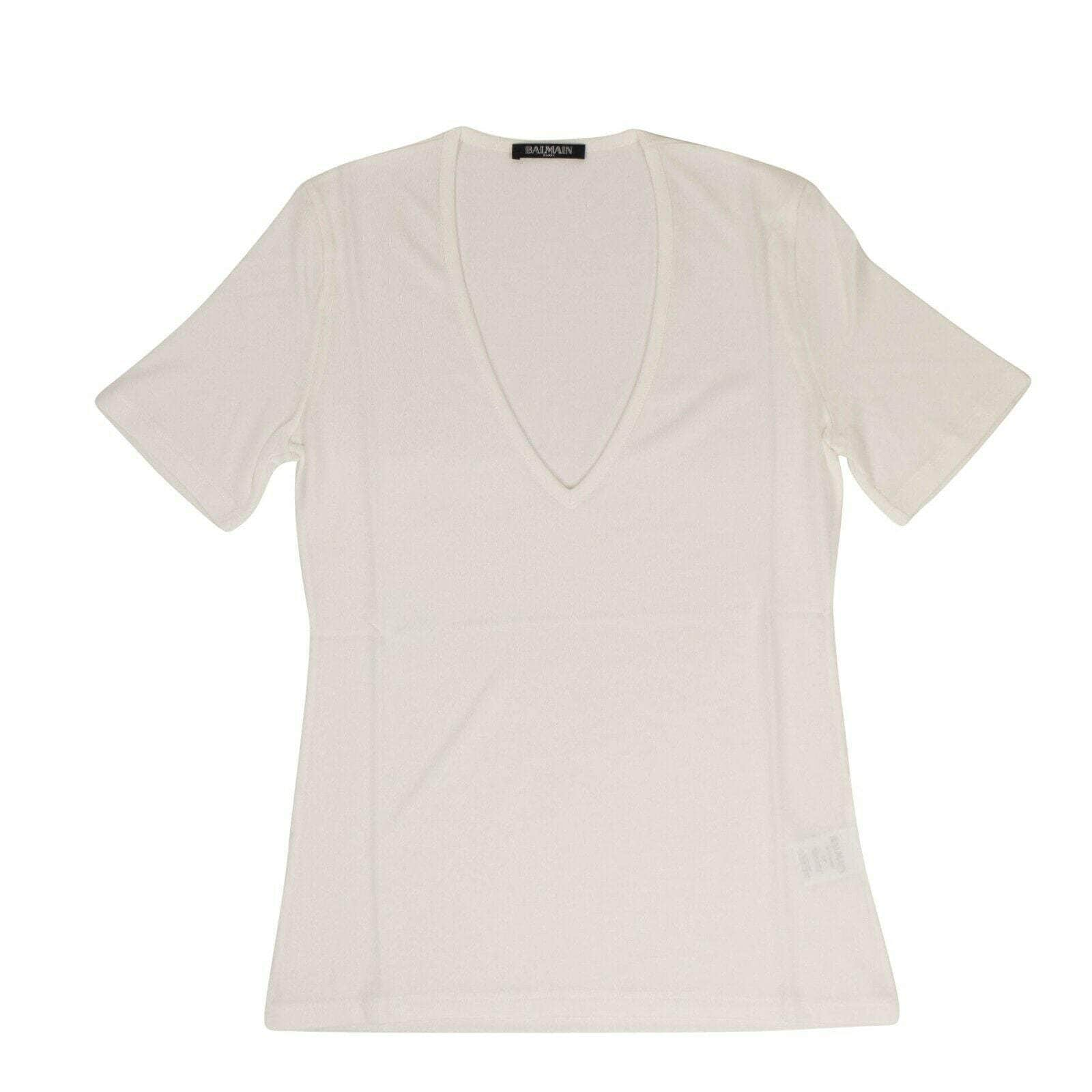 Balmain 69LE-1001/00 NWT BALMAIN PARIS White Short Sleeve Deep V Neck Knit T-Shirt Size 00/34 $495 69LE-1001/00