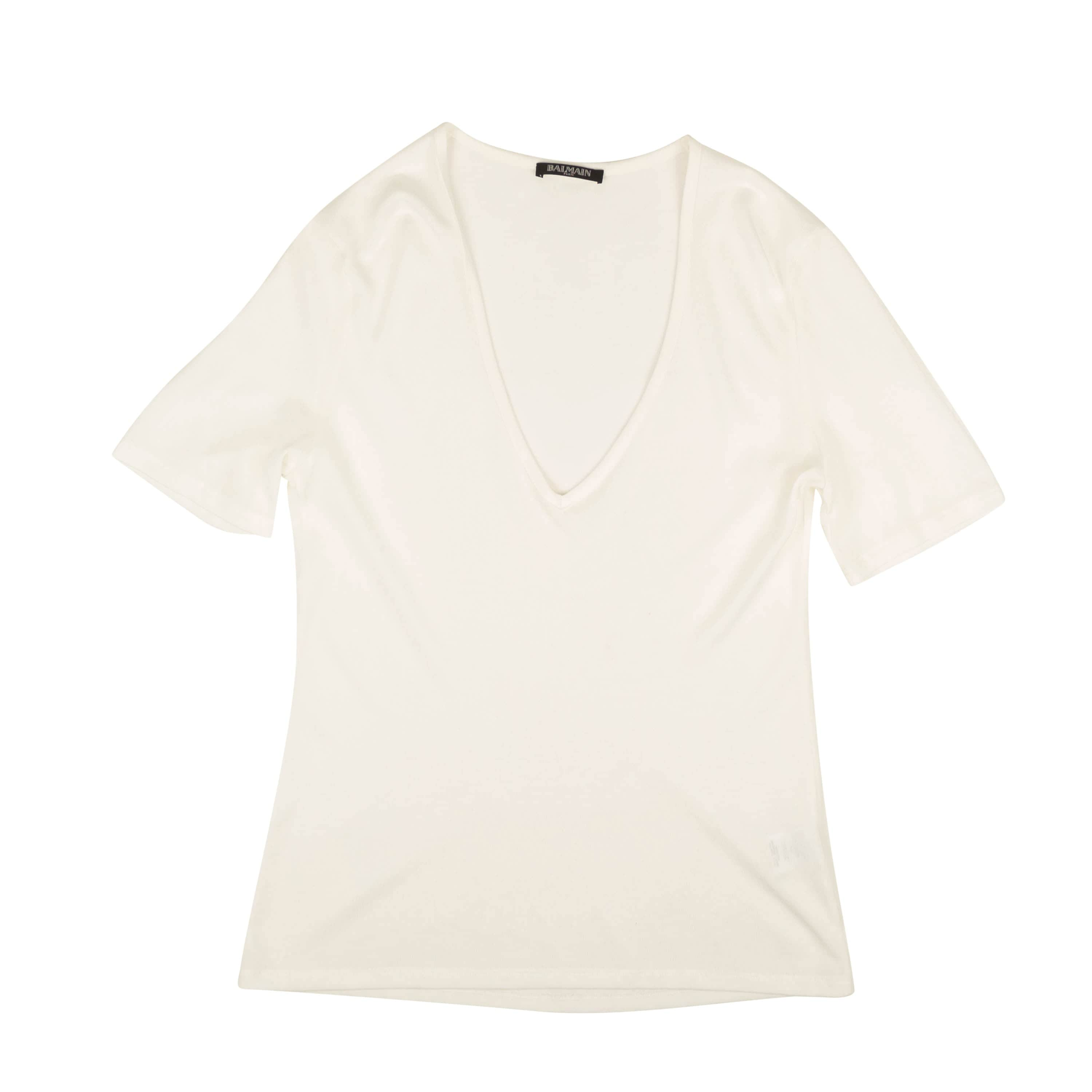 Balmain 95-BLM-1001/42 NWT BALMAIN White Short Sleeve V-Neck Knit Top Size 6/42 $495 95-BLM-1001/42