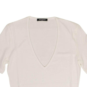 Balmain balmain-paris, BalnBurb, chicmi, couponcollection, gender-womens, july4th, main-clothing, newarrival2, sale-enable, size-0-us-36-eu, size-00-us-34-eu, size-4-us-40-eu, t-shirts, under-250 Women's Short Sleeve Deep V Neck Knit T-Shirt - White