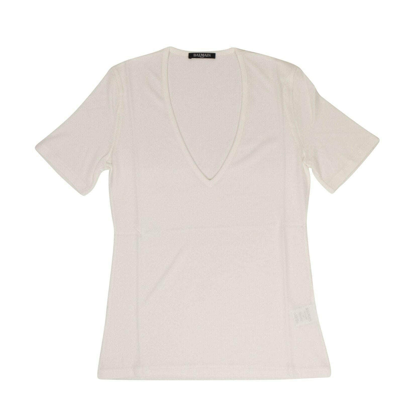Balmain balmain-paris, BalnBurb, chicmi, couponcollection, gender-womens, july4th, main-clothing, newarrival2, sale-enable, size-0-us-36-eu, size-00-us-34-eu, size-4-us-40-eu, t-shirts, under-250 Women's Short Sleeve Deep V Neck Knit T-Shirt - White