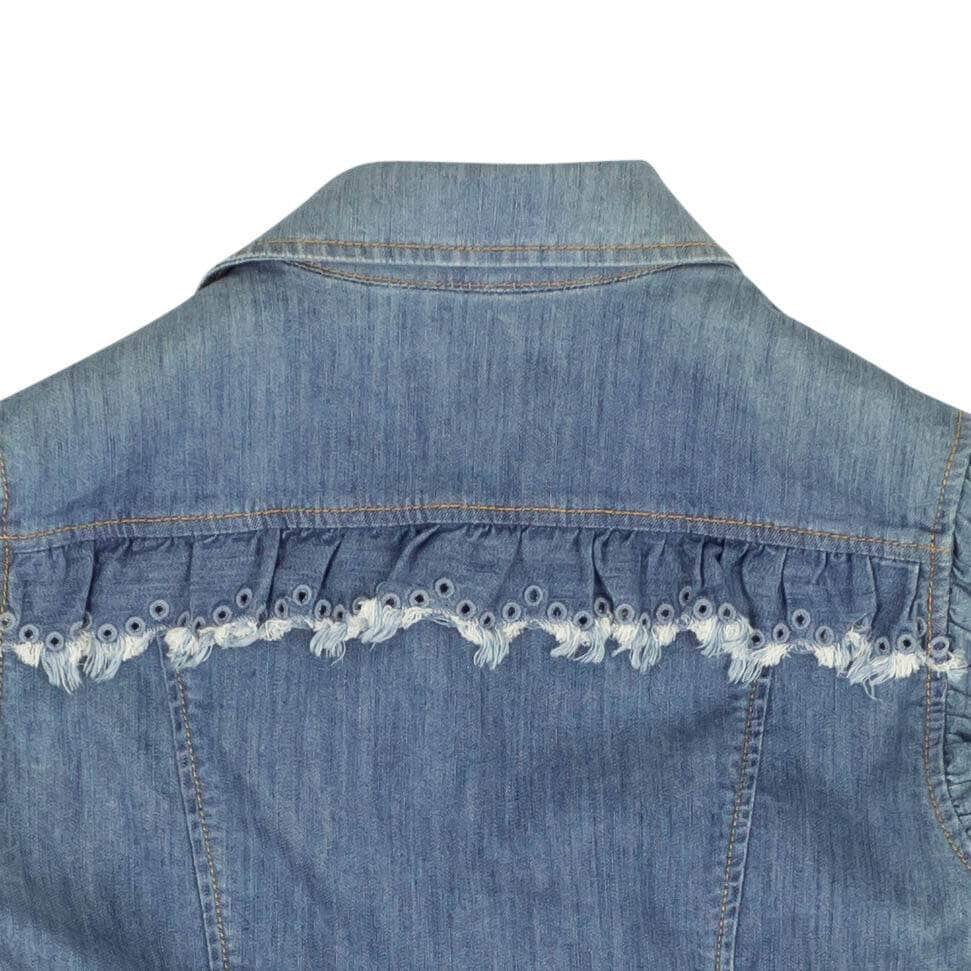 BOUTIQUE MOSCHINO 250-500, boutique-moschino, channelenable-all, chicmi, couponcollection, gender-womens, main-clothing, size-38, size-40, size-42, size-44, womens-outerwear-vests Blue Denim Eyelet Ruffle Sleeveless Vest