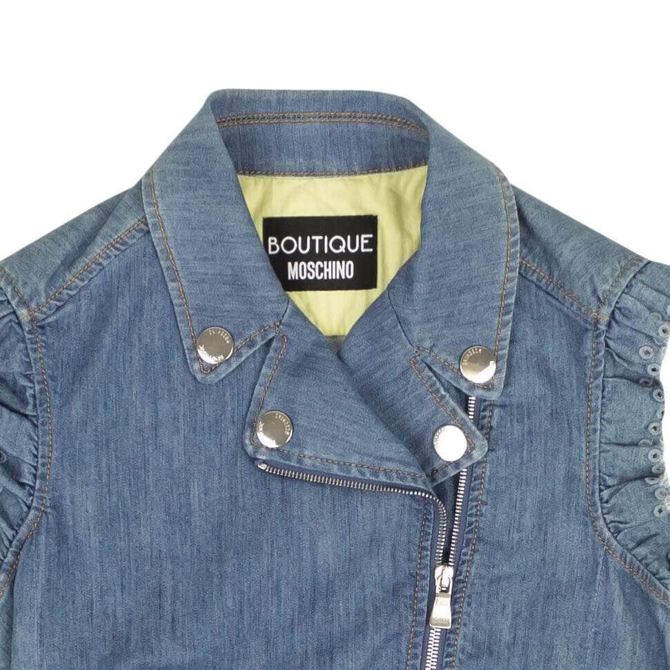 BOUTIQUE MOSCHINO 250-500, boutique-moschino, channelenable-all, chicmi, couponcollection, gender-womens, main-clothing, size-38, size-40, size-42, size-44, womens-outerwear-vests Blue Denim Eyelet Ruffle Sleeveless Vest