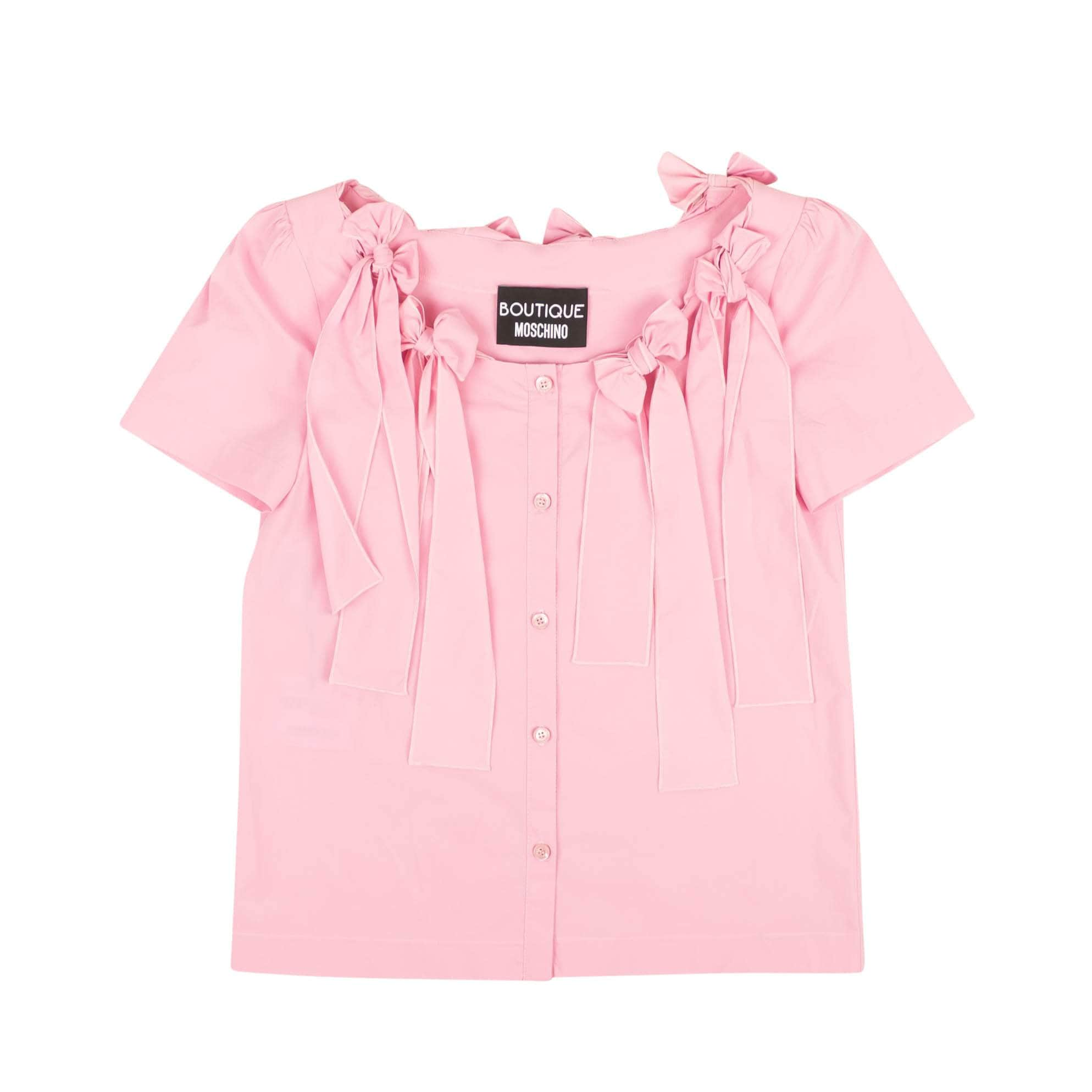 BOUTIQUE MOSCHINO 95-BMS-1022/44 NWT BOUTIQUE MOSCHINO Pink Bow Accented Short Sleeve Blouse Size 8/44 $520 95-BMS-1022/44