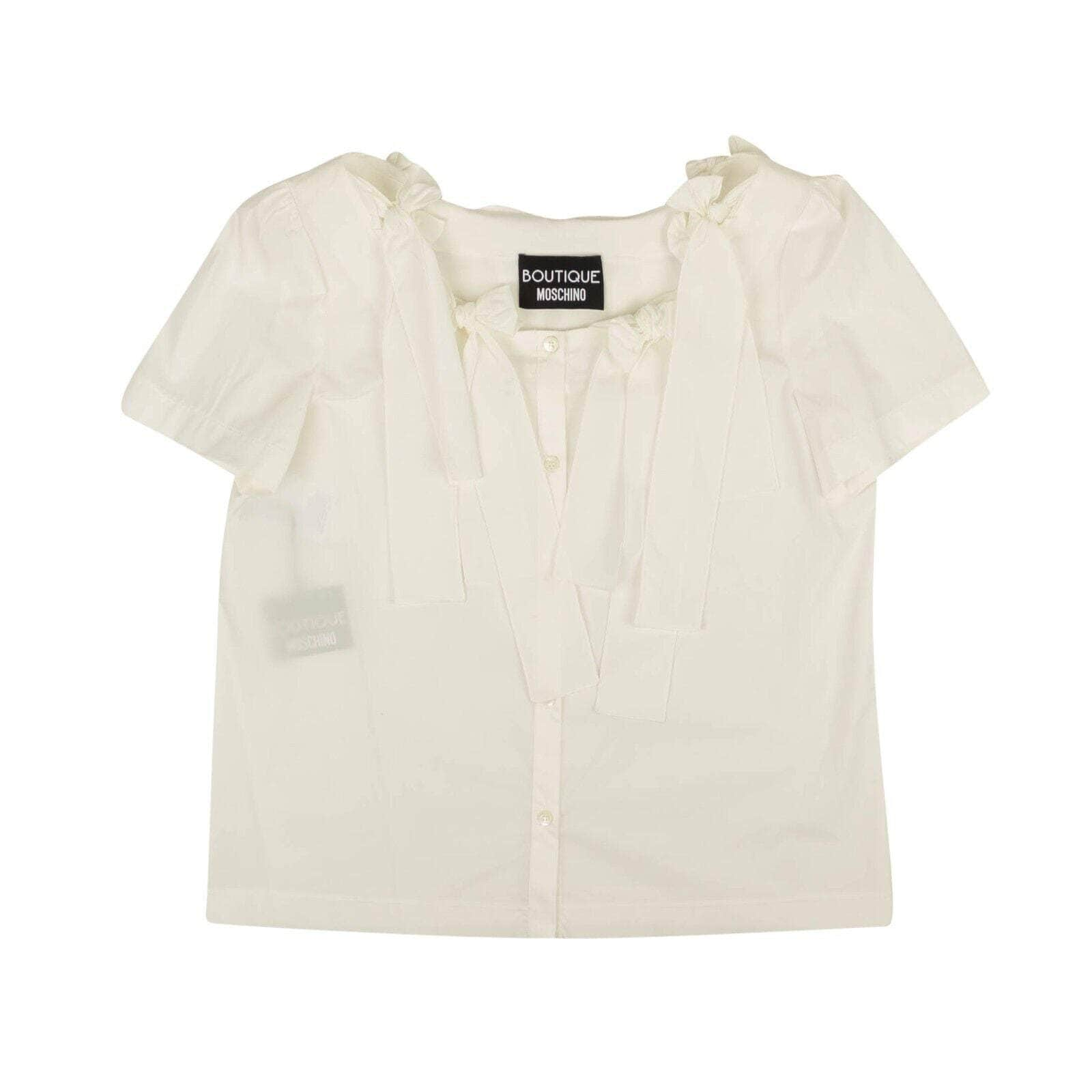 BOUTIQUE MOSCHINO 95-BMS-1023/46 NWT BOUTIQUE MOSCHINO White Bow Accented Short Sleeve Blouse Size 10/46 $520 95-BMS-1023/46