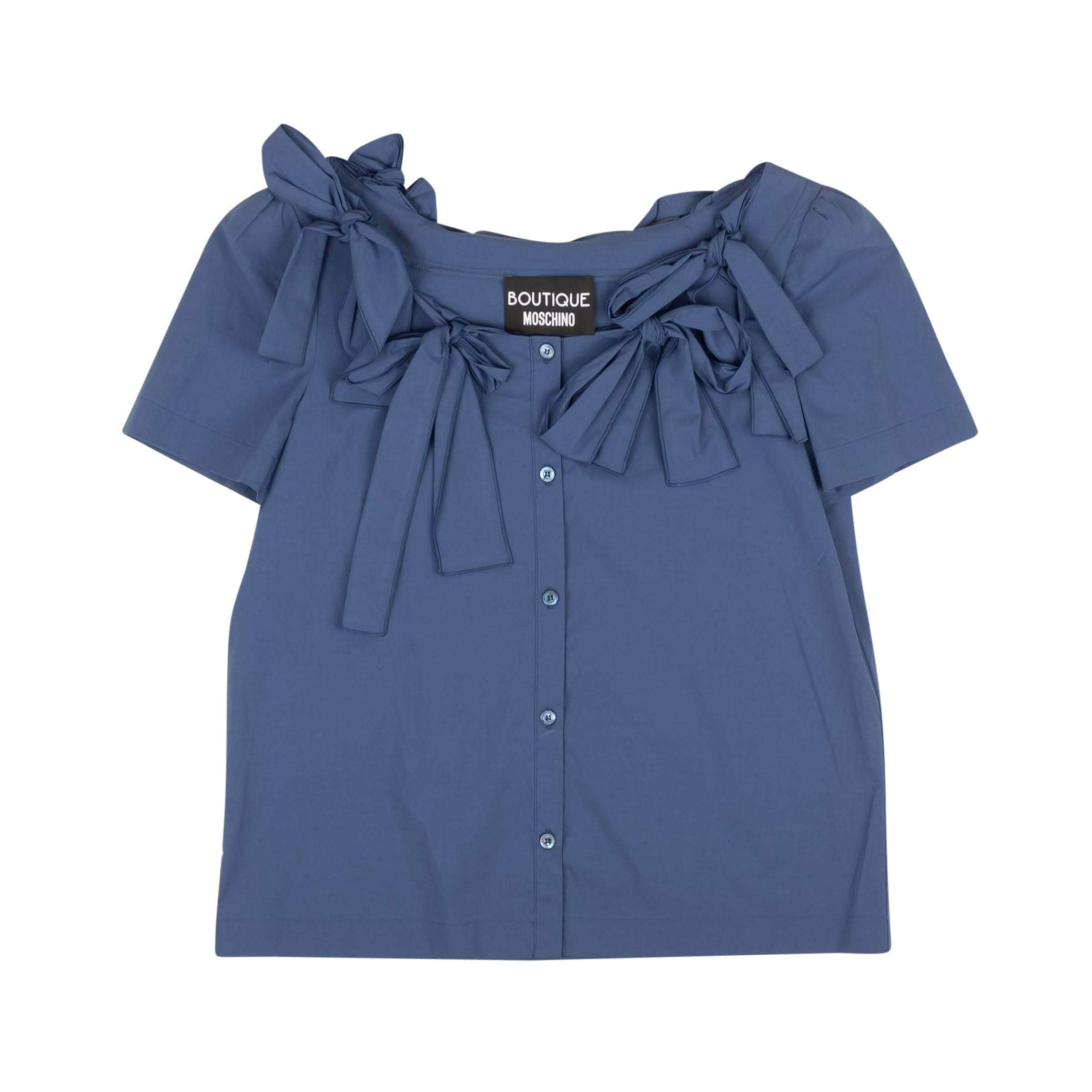 BOUTIQUE MOSCHINO 95-BMS-1024/38 NWT BOUTIQUE MOSCHINO Blue Bow Accented Short Sleeve Blouse Size 2/38 $520 95-BMS-1024/38