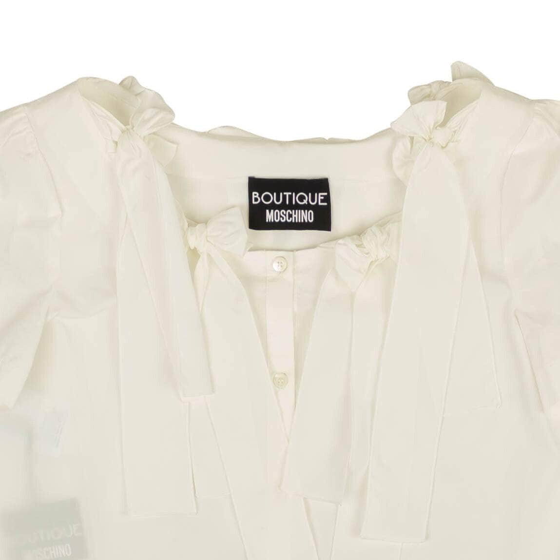 BOUTIQUE MOSCHINO boutique-moschino, channelenable-all, chicmi, couponcollection, gender-womens, main-clothing, size-44, size-46, under-250, womens-blouses 46 White Bow Accented Short Sleeve Blouse 95-BMS-1023/46 95-BMS-1023/46