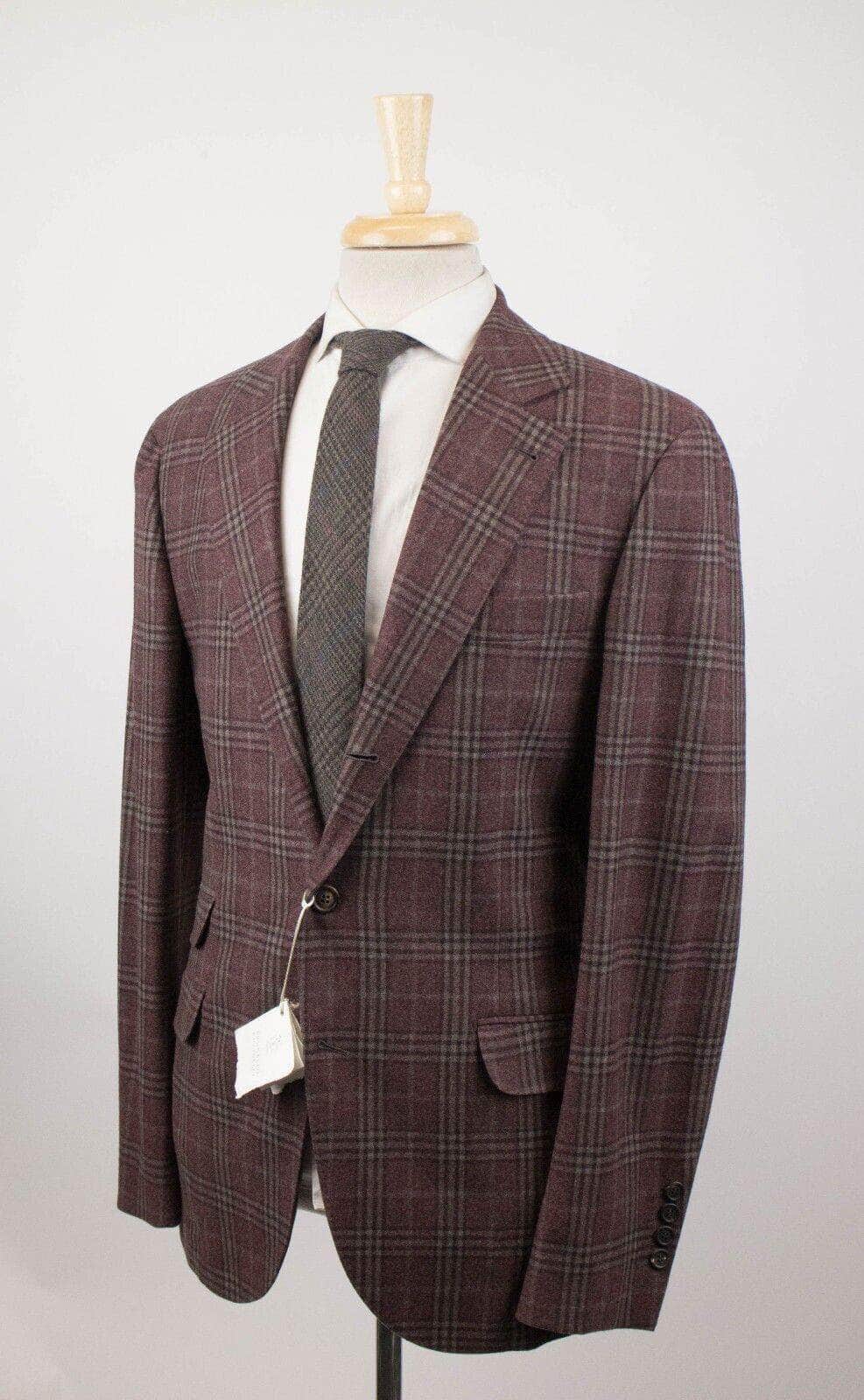Brunello Cucinelli 2000-5000, brunello-cucinelli, channelenable-all, chicmi, couponcollection, gender-mens, main-clothing, mens-shoes, size-50 50 Burgundy Plaid Wool Two-Button Blazer BRC-XTPS-0002/50 BRC-XTPS-0002/50