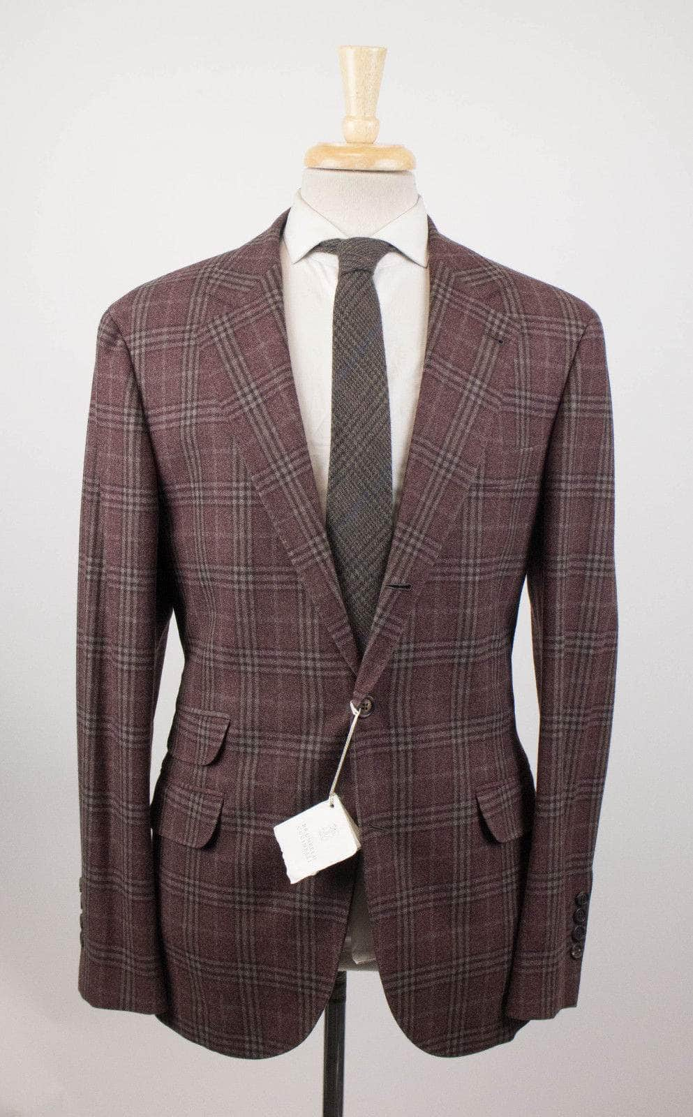 Brunello Cucinelli BRC-XTPS-0002/50 NWT BRUNELLO CUCINELLI Burgundy Plaid Wool 2 Button Blazer Size 50 $3735 BRC-XTPS-0002/50