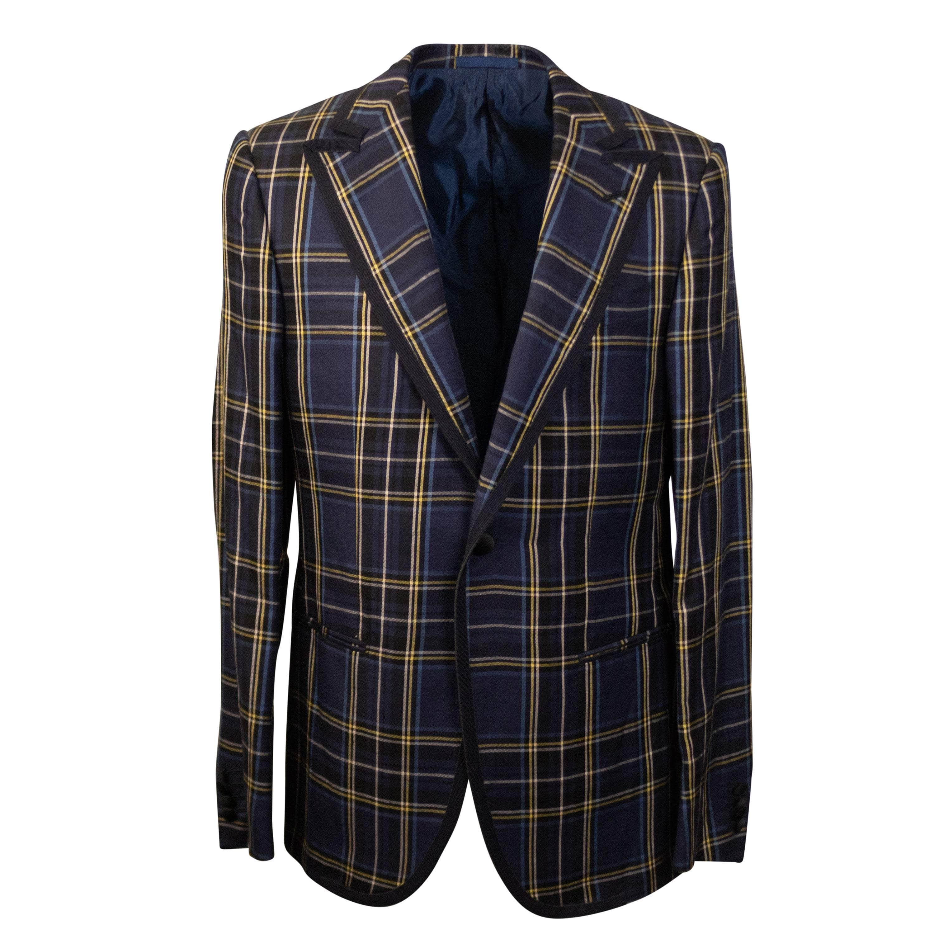 Caruso CRS-XTPS-0007/48 NWT CARUSO Navy Plaid Silk And Linen Single Breasted Blazer Size 48 $795 CRS-XTPS-0007/48