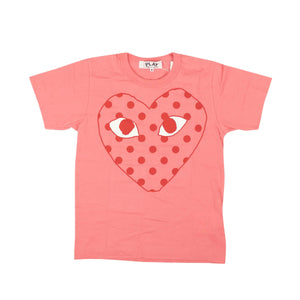 Comme Des Garcons Play channelenable-all, chicmi, couponcollection, gender-womens, main-clothing, size-l, size-m, under-250 L Pink Polka Dot Heart Graphic T-Shirt 95-CDP-1021/L 95-CDP-1021/L