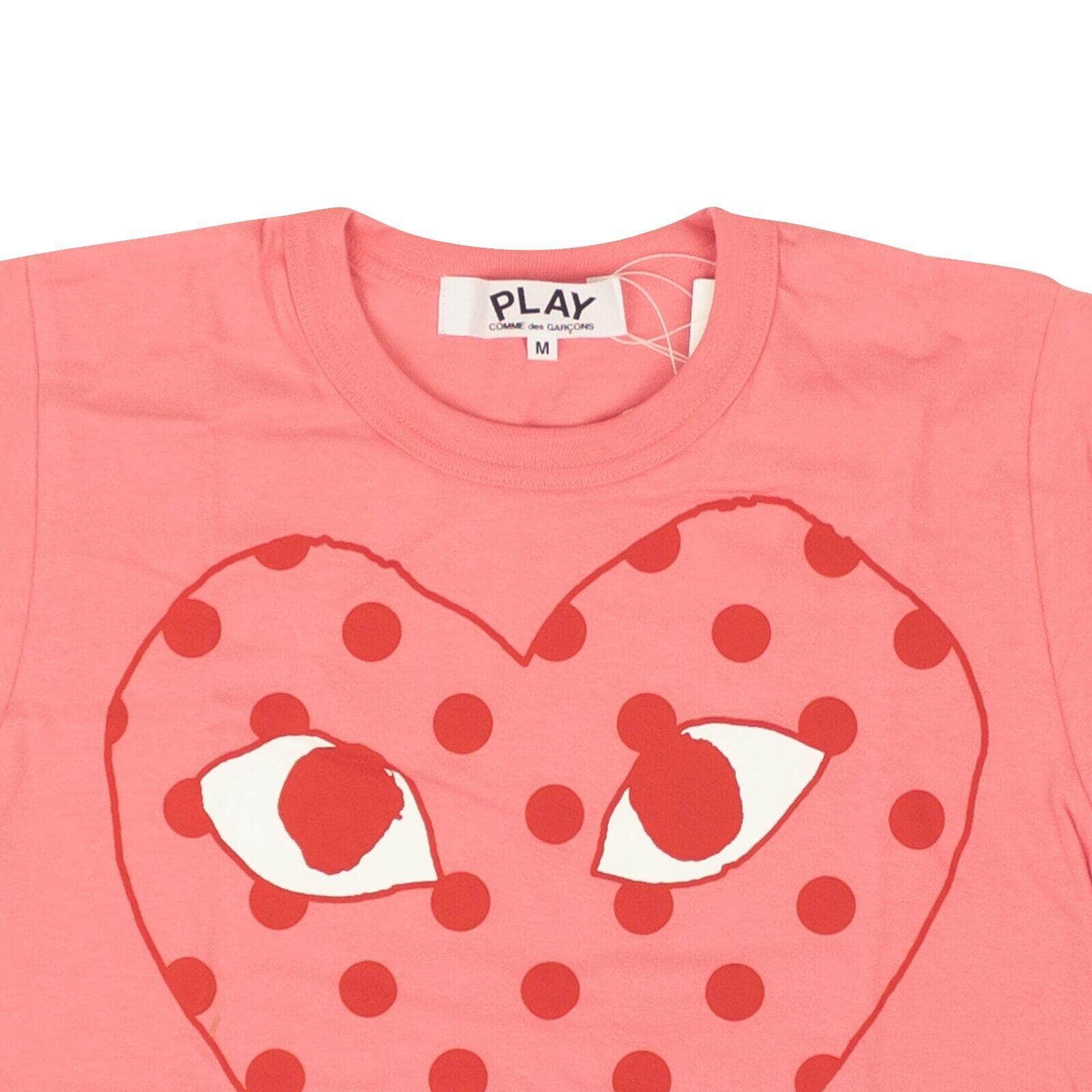 Comme Des Garcons Play channelenable-all, chicmi, couponcollection, gender-womens, main-clothing, size-l, size-m, under-250 L Pink Polka Dot Heart Graphic T-Shirt 95-CDP-1021/L 95-CDP-1021/L