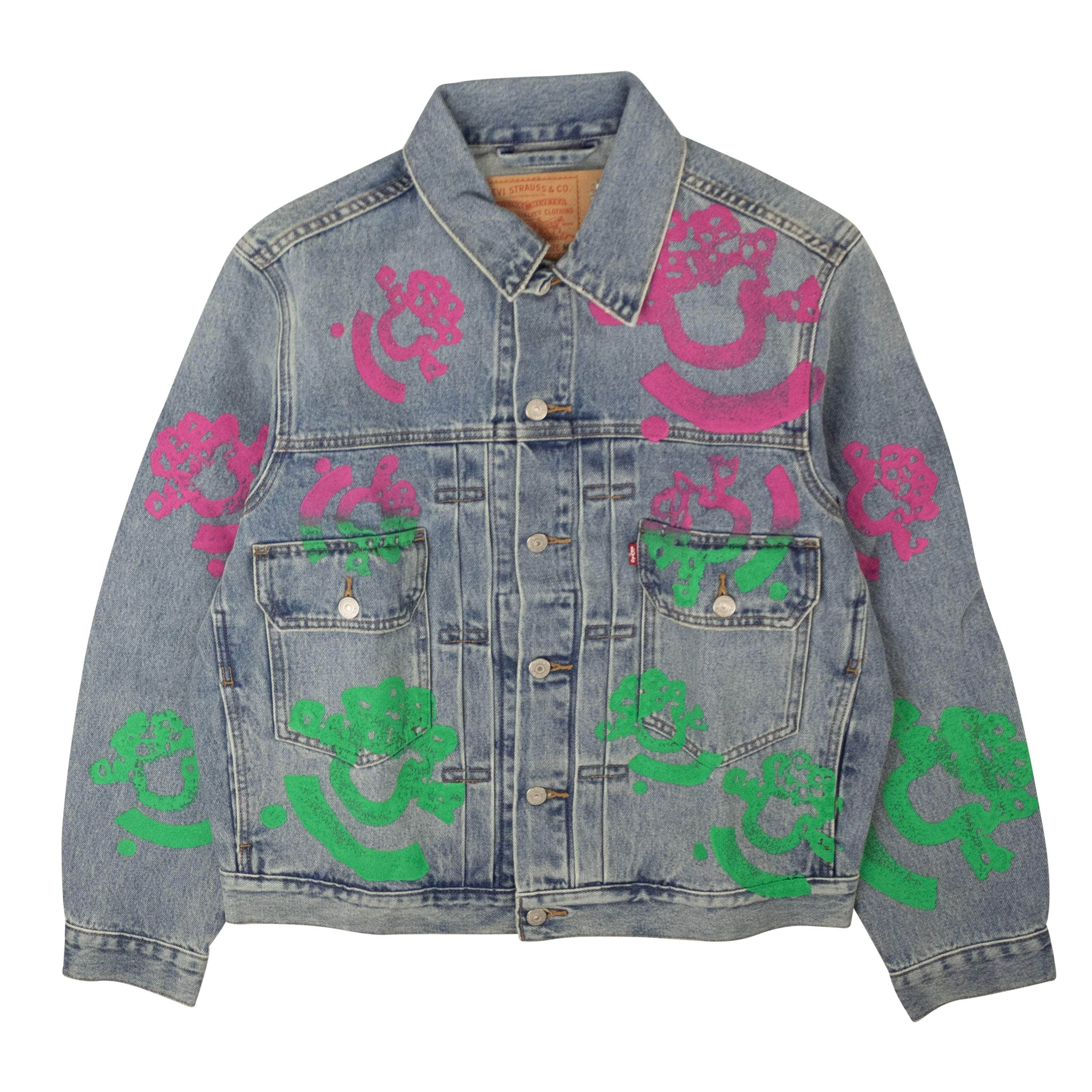 Denim Tears DNT-XOTW-0001/L NWT DENIM TEARS Light Wash Pink & Green Bstroy Denim Jacket Size L $1000 DNT-XOTW-0001/L