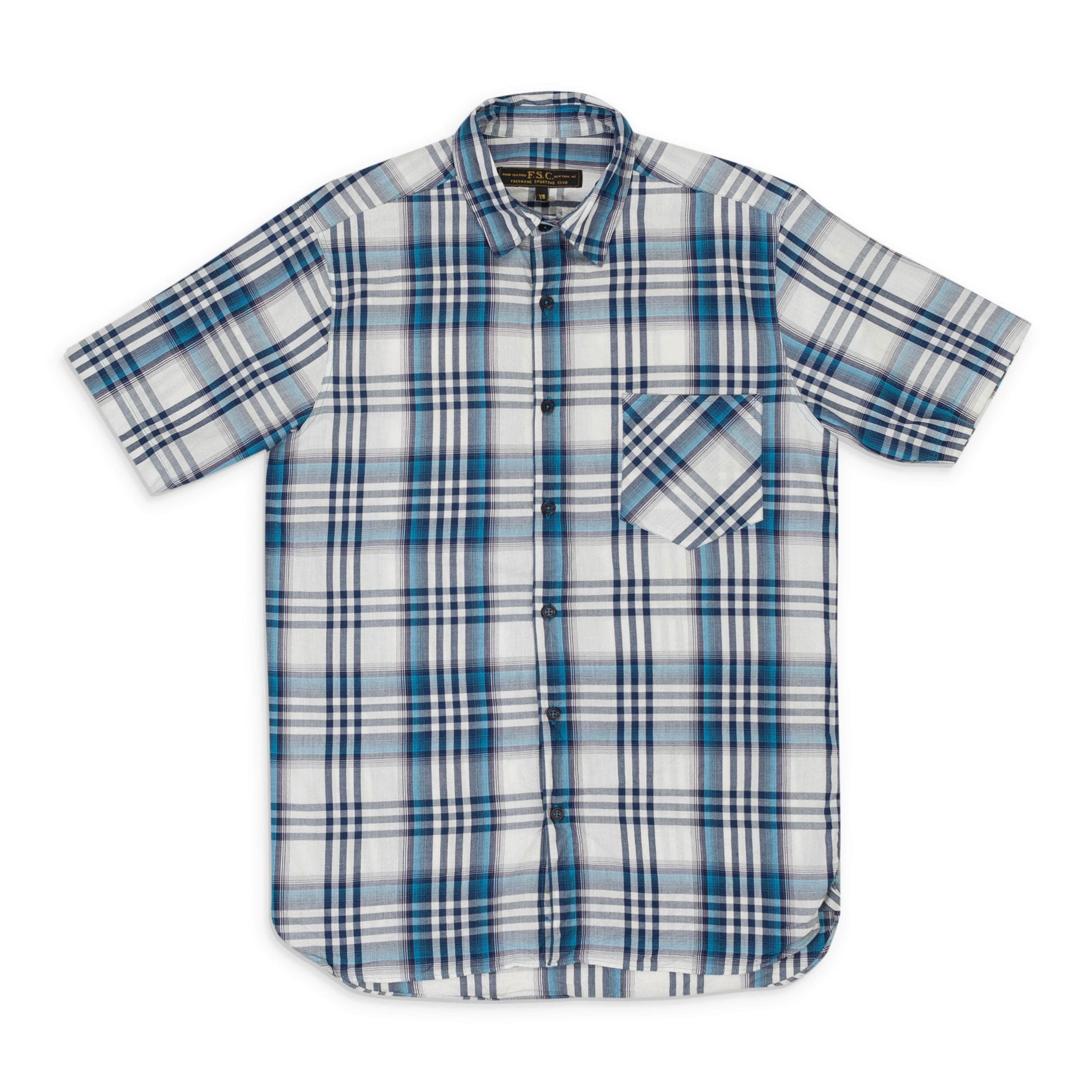 Freeman's Sporting Club FSC-XTPS-0019/L NEW Freeman's Sporting Club Blue Plaid Cotton Short Sleeve Shirt Size L $170 FSC-XTPS-0019/L