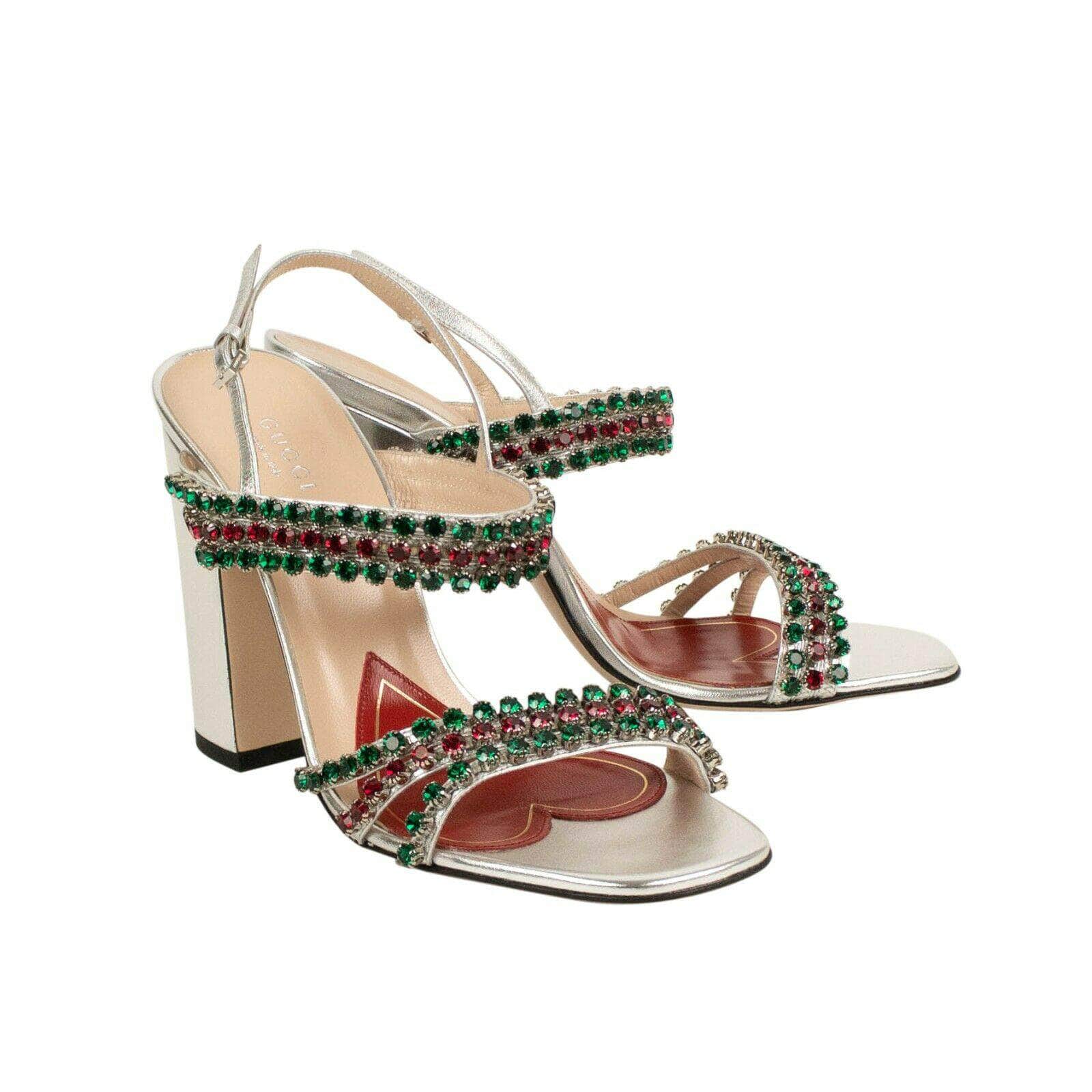 Gucci 500-750, channelenable-all, chicmi, couponcollection, gender-womens, gucci, main-shoes, shop375, size-8, womens-pumps-heels 8 Silver Leather With Red And Green Crystals Sandals 8/38 69LE-2652/8 69LE-2652/8