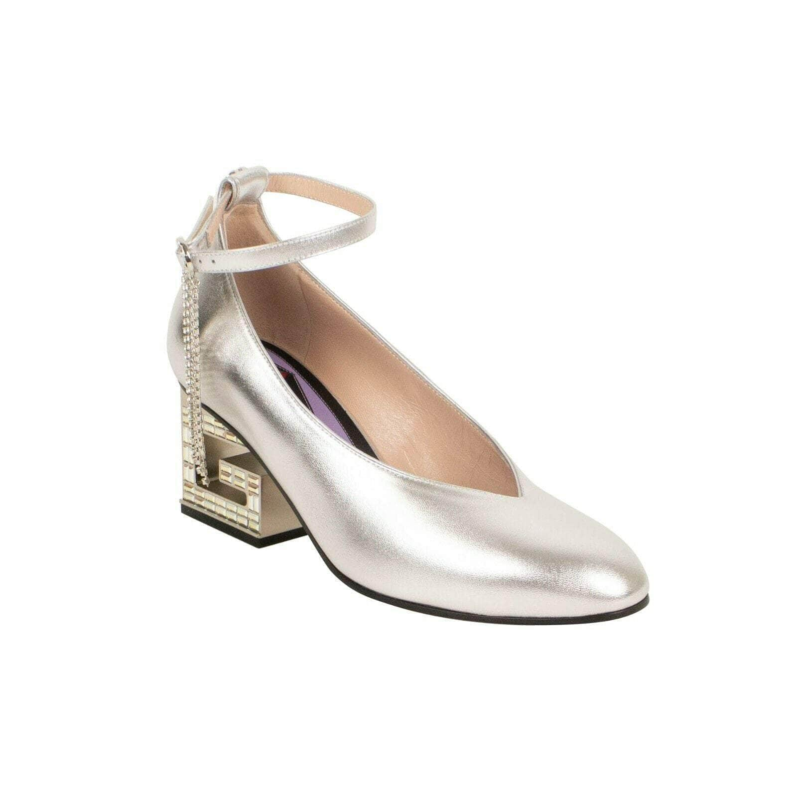 Gucci 69LE-2614/6.5 NIB GUCCI Silver Leather Crystal G Mid-Heel Pumps Shoes Size 6.5/36.5 $1980 69LE-2614/6.5