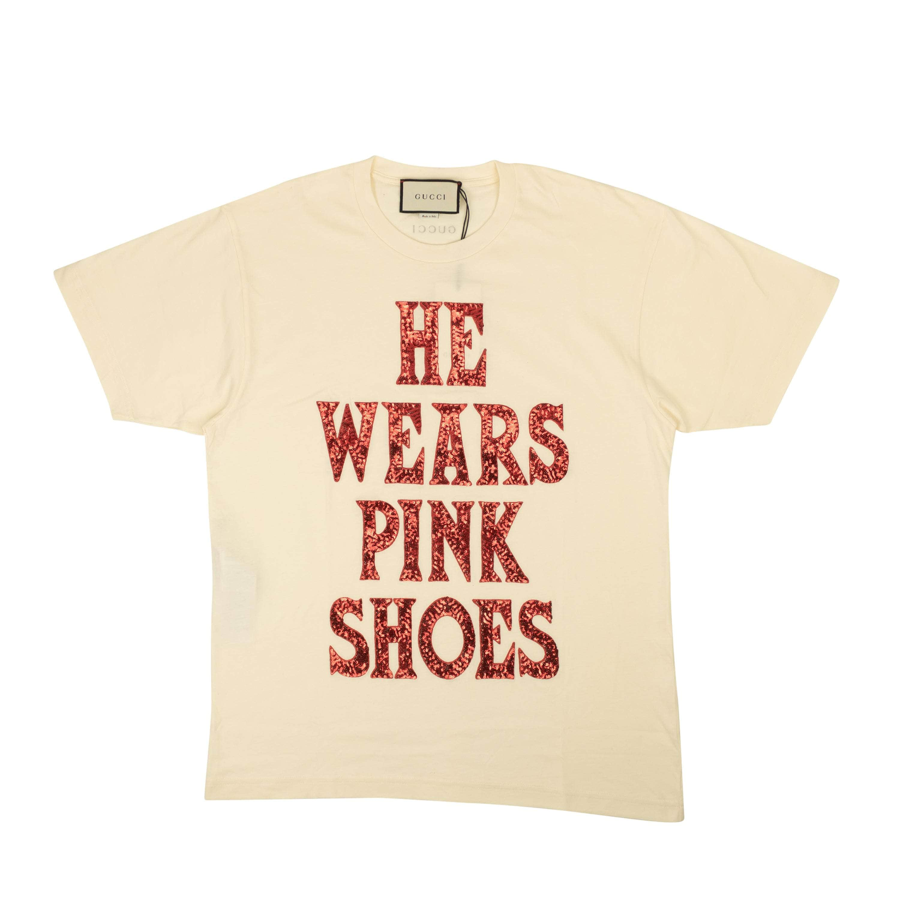 Gucci GUC-XTSH-0003/XS NWT GUCCI Ivory He Wears Pink Sequin Shoes Short Sleeve T-Shirt Size XS $1200 GUC-XTSH-0003/XS