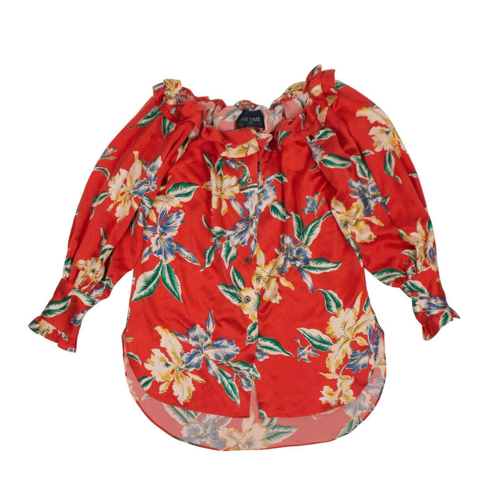 LOST DAZE 69LE-1853/S NWT LOST DAZE Red Silk Floral 'Aloha' Off-Shoulder Blouse Shirt Size S $850 69LE-1853/S