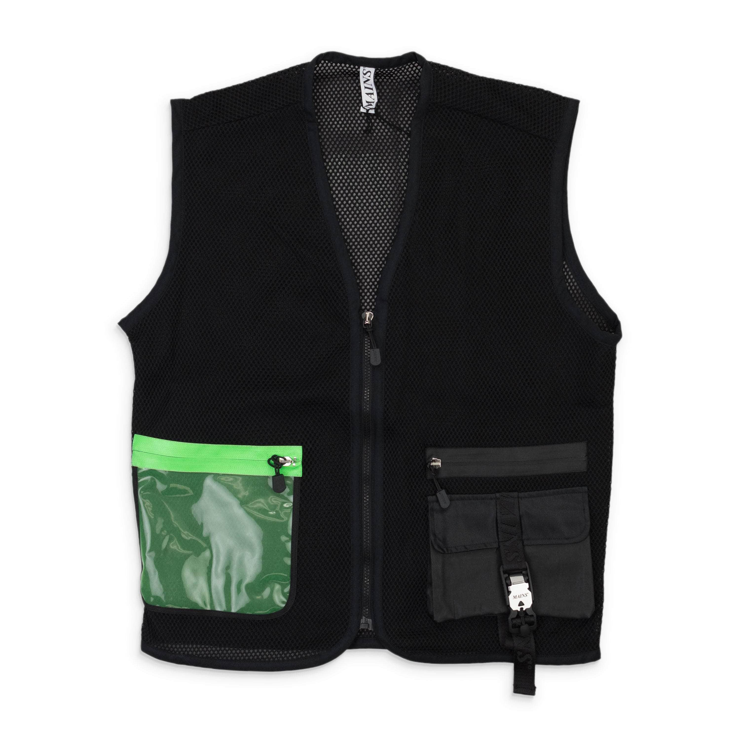 Mains MNS-XOTW-0002/XL MNS-XOTW-0002/XL MA03VE03_BLK Black/Green Mains Contrast Pocket Mesh Vest Size XL MNS-XOTW-0002/XL