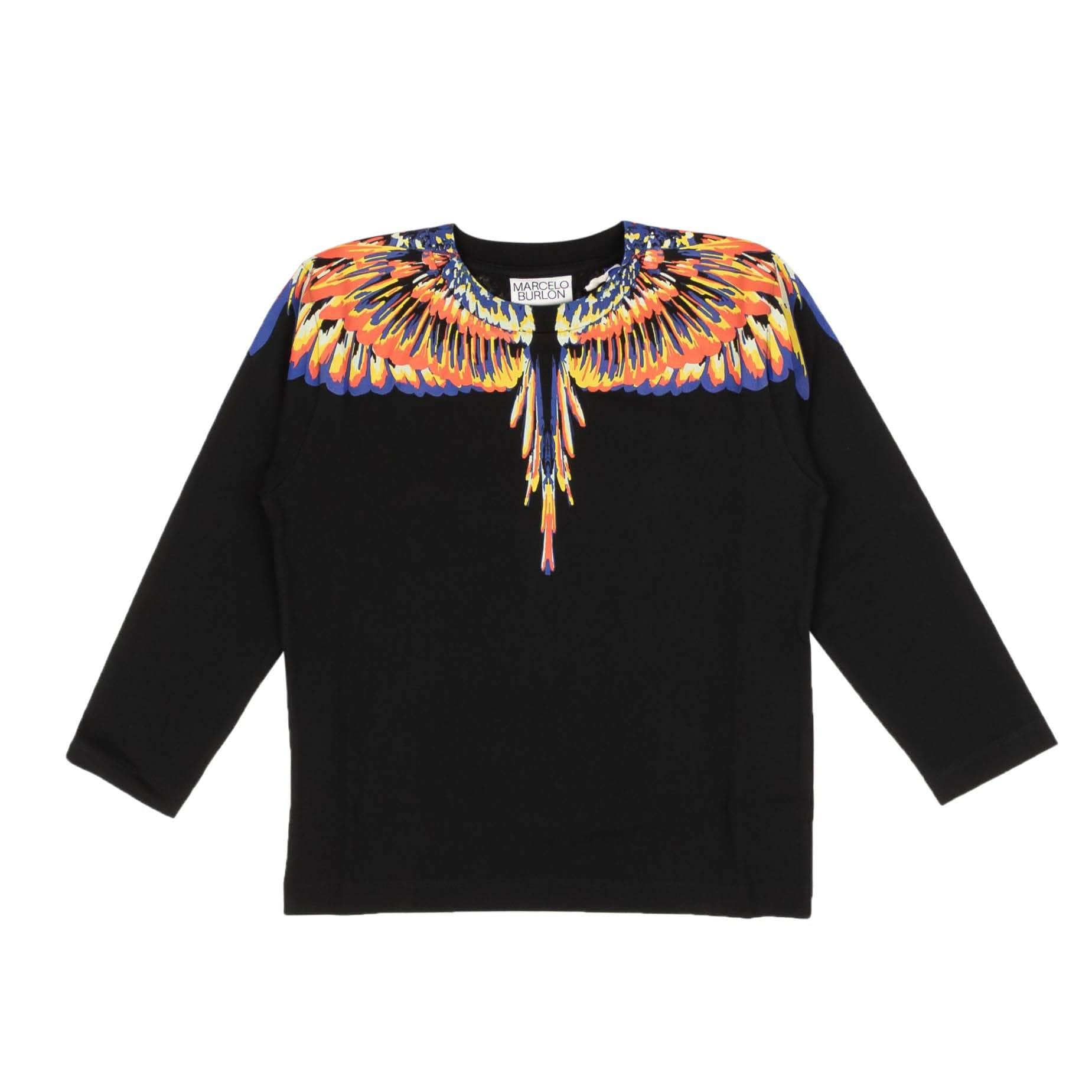 Marcelo Burlon 10 Children's Black Multi Tempura Long Sleeve Wings T-Shirt 95-MCB-1040/10 95-MCB-1040/10