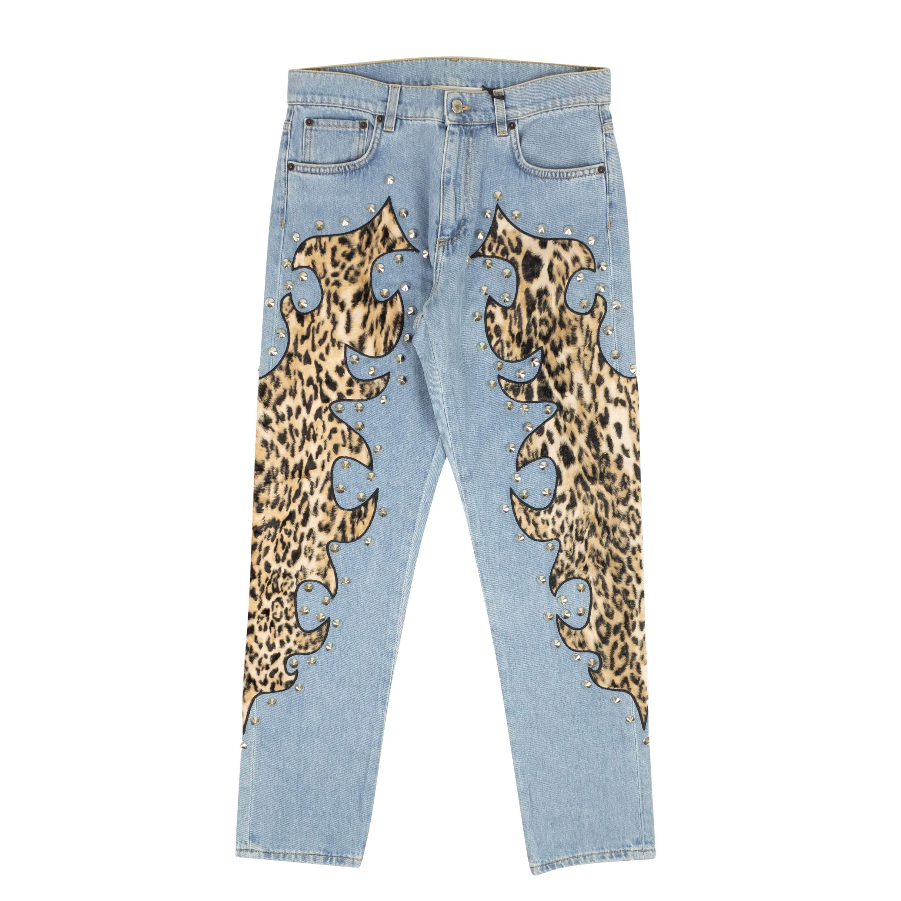 Moschino Couture 250-500, channelenable-all, chicmi, couponcollection, gender-womens, main-clothing, moschino-couture, size-38, size-40, size-42, size-44, womens-straight-jeans Blue Leopard Flame Detail Jeans