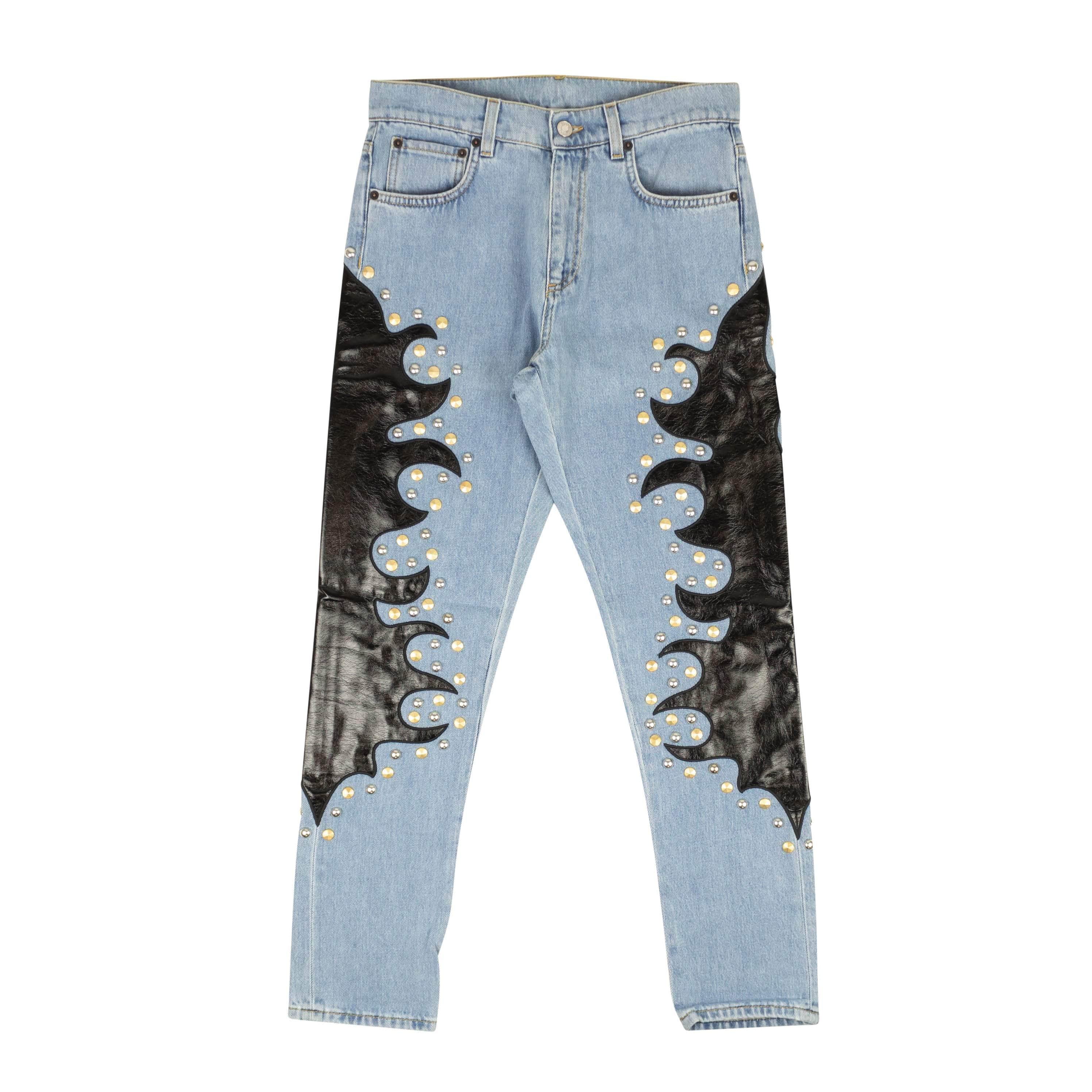 Moschino Couture 95-MCR-1002/36 NWT MOSCHINO COUTURE Blue Leather Flame Detail Jeans Size 0/36 $1270 95-MCR-1002/36