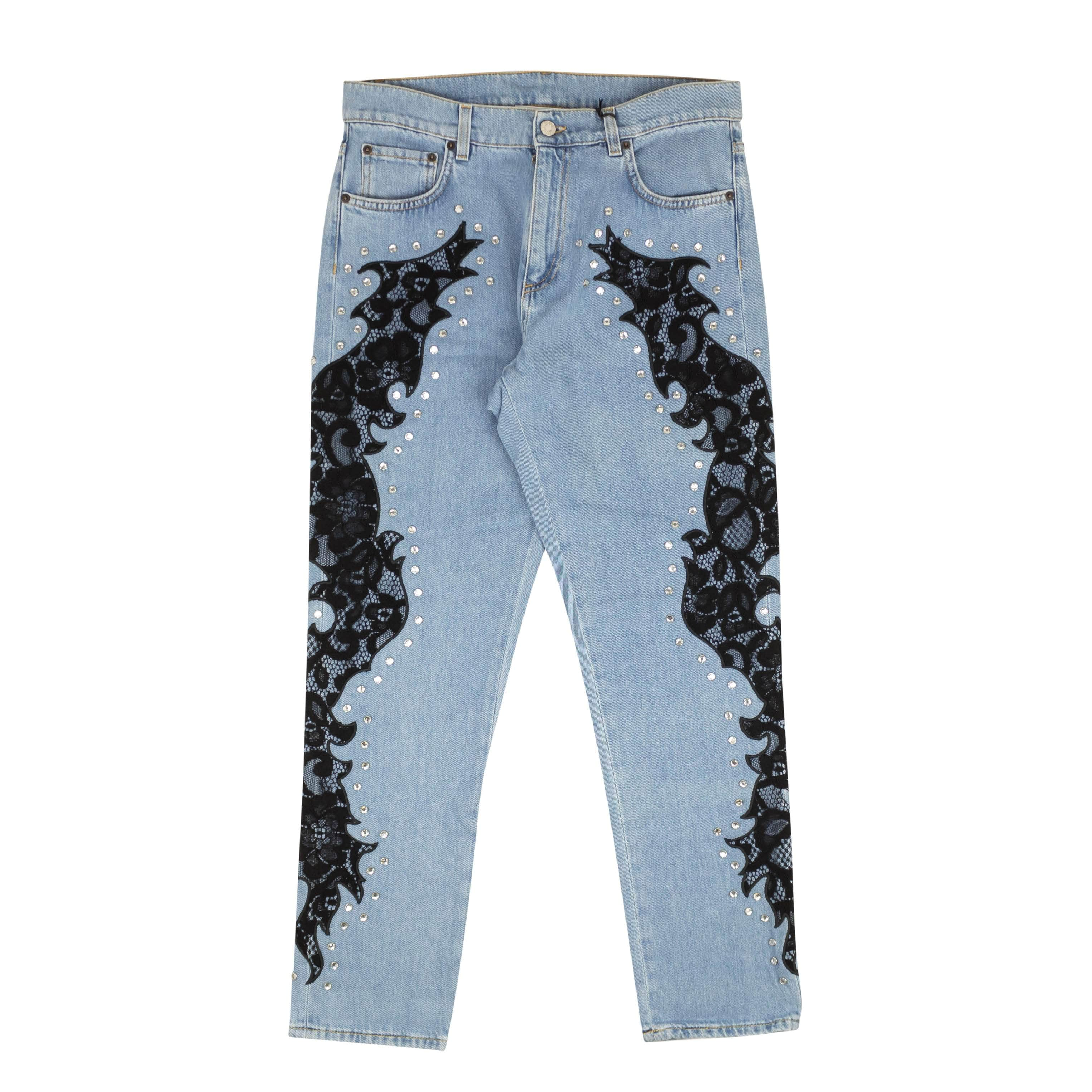 Moschino Couture 95-MCR-1006/40 NWT MOSCHINO COUTURE Blue Black Lace Flame Detail Jeans Size 4/40 $1675 95-MCR-1006/40