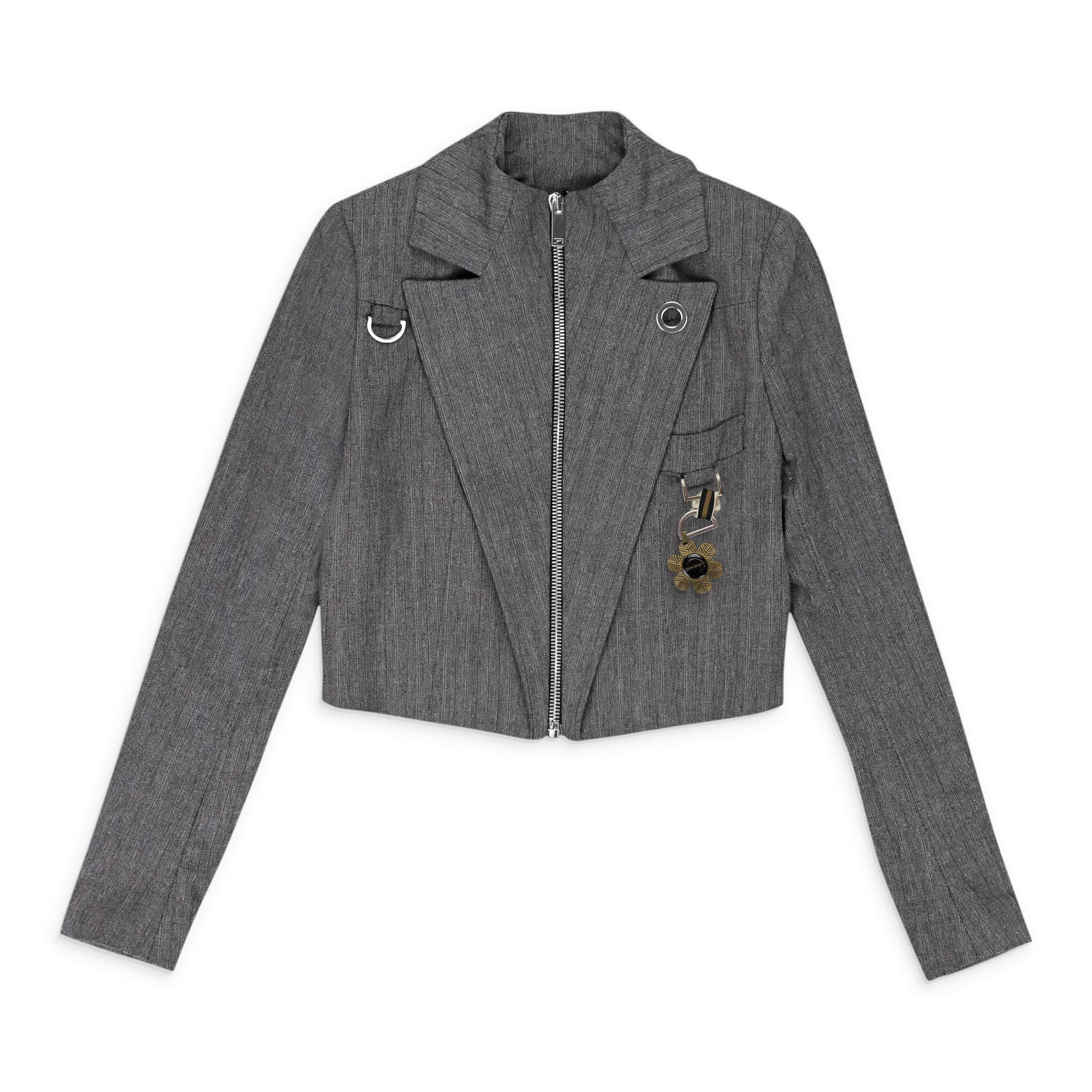 Palm Angels 82NGG-PA-29/40 NEW PALM ANGELS Grey Pinstripe Medal Zip Up Blazer Jacket Size 4/40 $2065 82NGG-PA-29/40