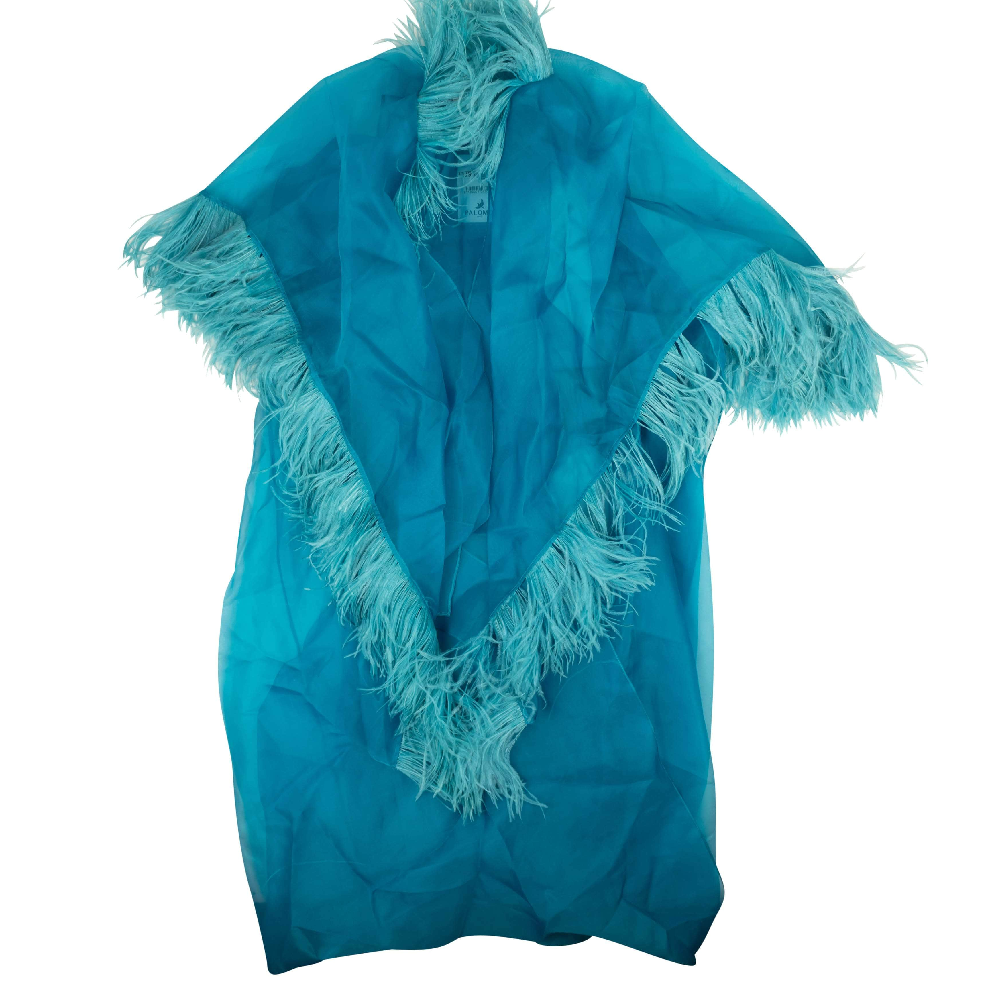 Palomo 95-PMO-0003/XS NWT PALOMO Blue Feather Trim Silk Robe Size XS $1795 95-PMO-0003/XS