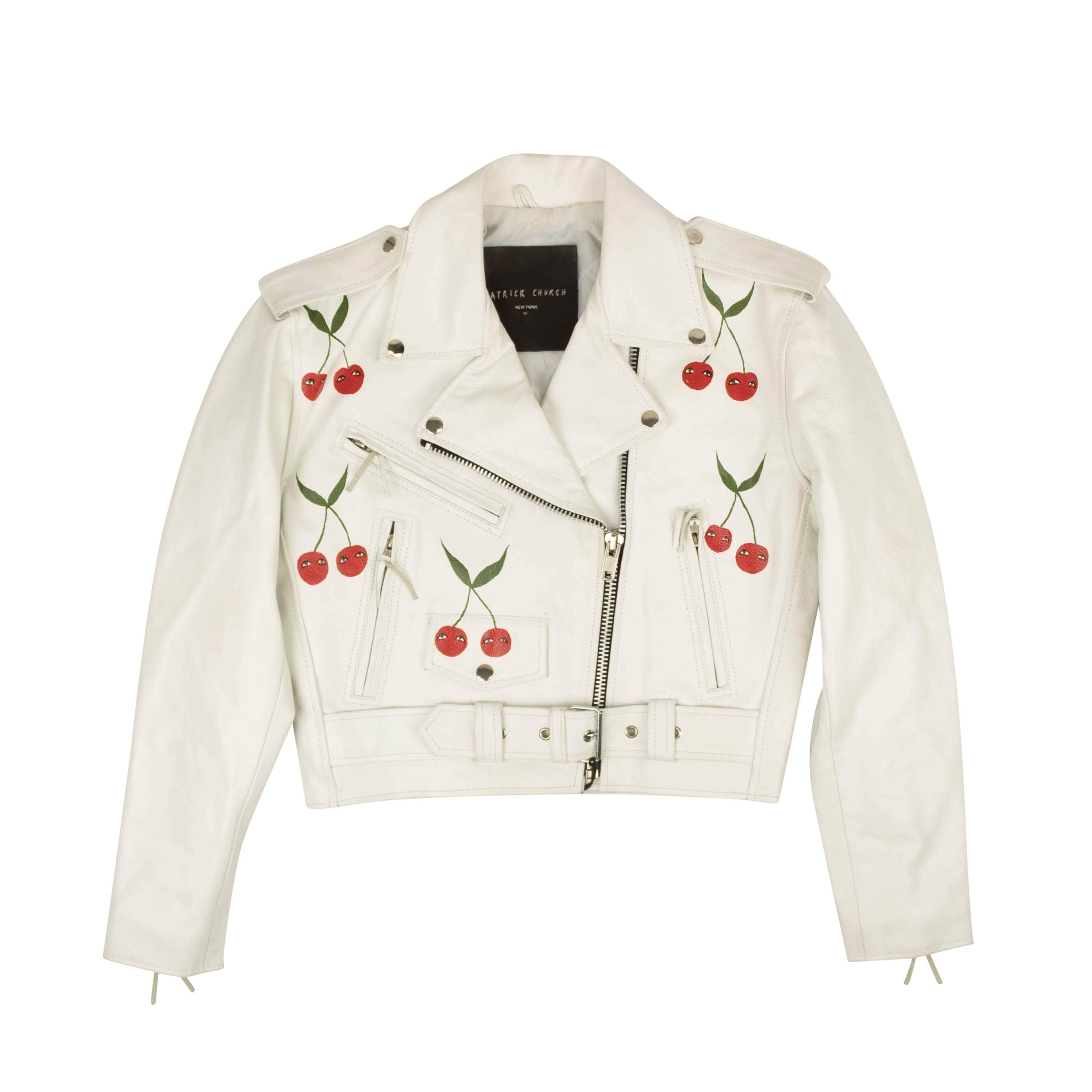 Patrick Church 95-PCH-1002/S NWT PATRICK CHURCH White Hand Painted Cherry Leather Jacket Size S $2200 95-PCH-1002/S