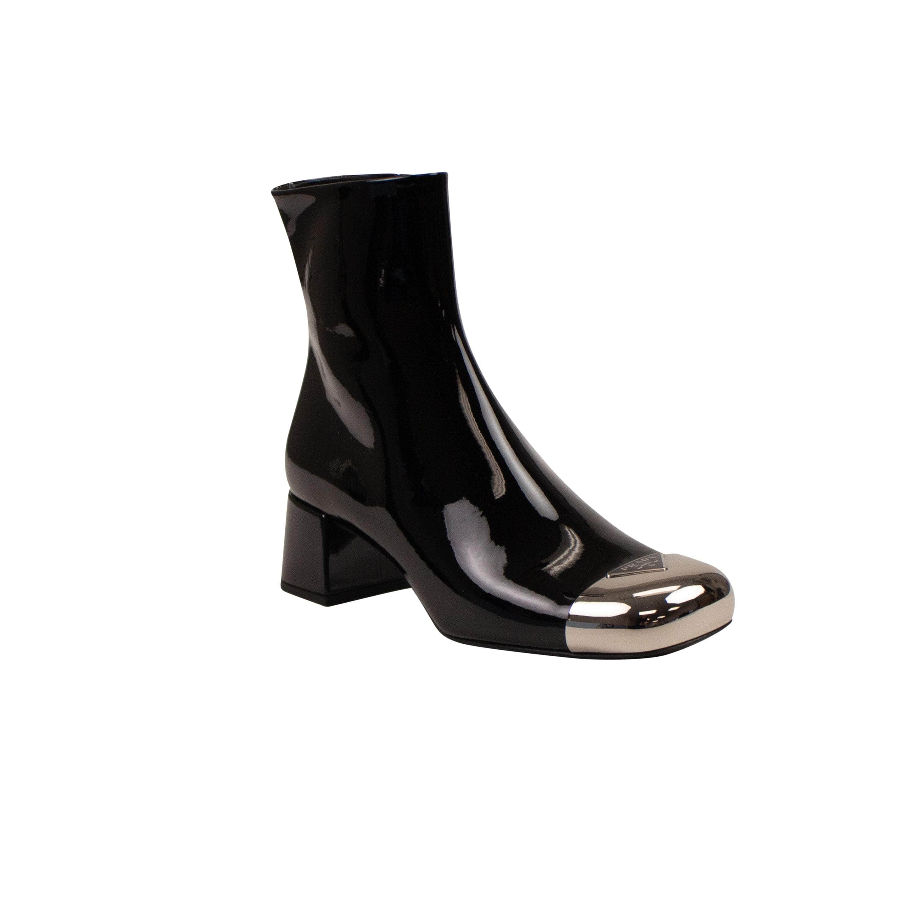 Prada PRD-XFTW-0005/39 NIB Prada Black Patent Leather Metal Toe Logo Boot with Block Heel Size 39 $1450 PRD-XFTW-0005/39