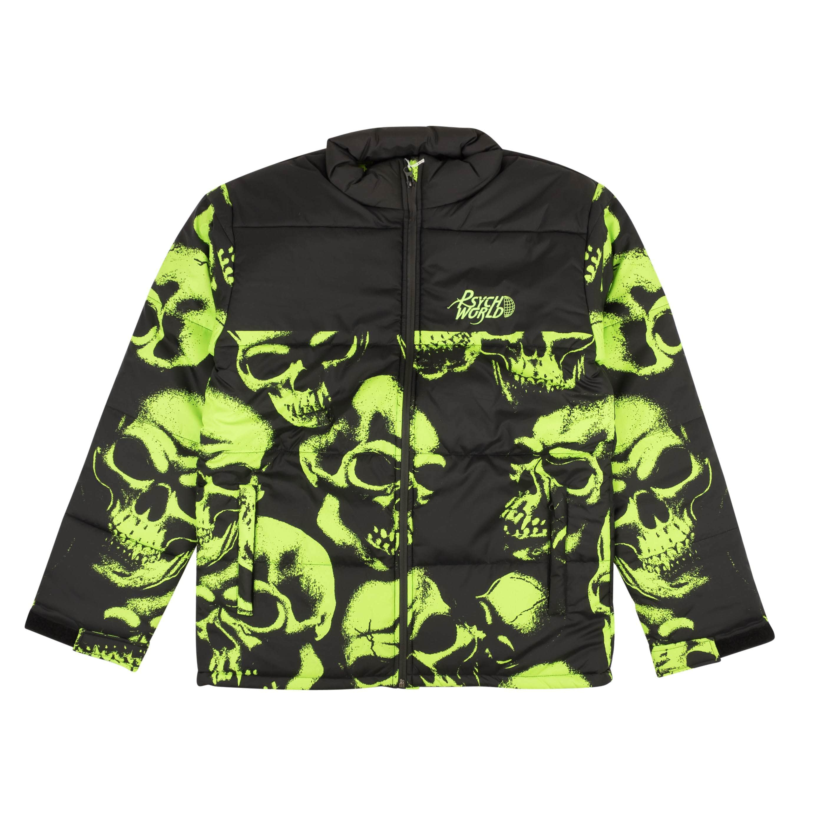 Psychworld 95-PSY-0006/S NEW PSYCHWORLD Black & Lime Green Skull Print Puffer Jacket Size S $280 95-PSY-0006/S