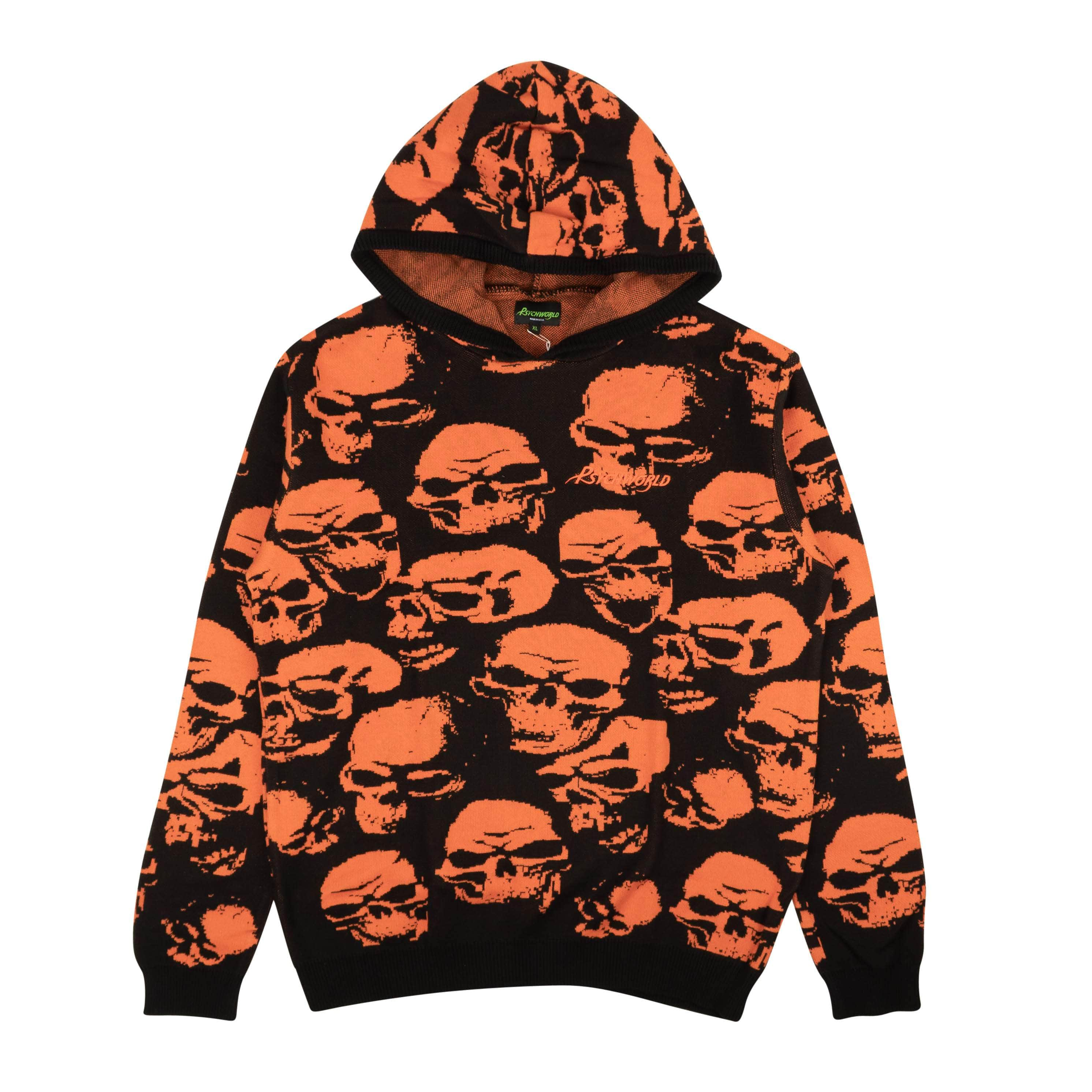 Psychworld 95-PSY-1066/S NEW PSYCHWORLD Orange Knit Skull Hoodie Sweatshirt Size S 95-PSY-1066/S