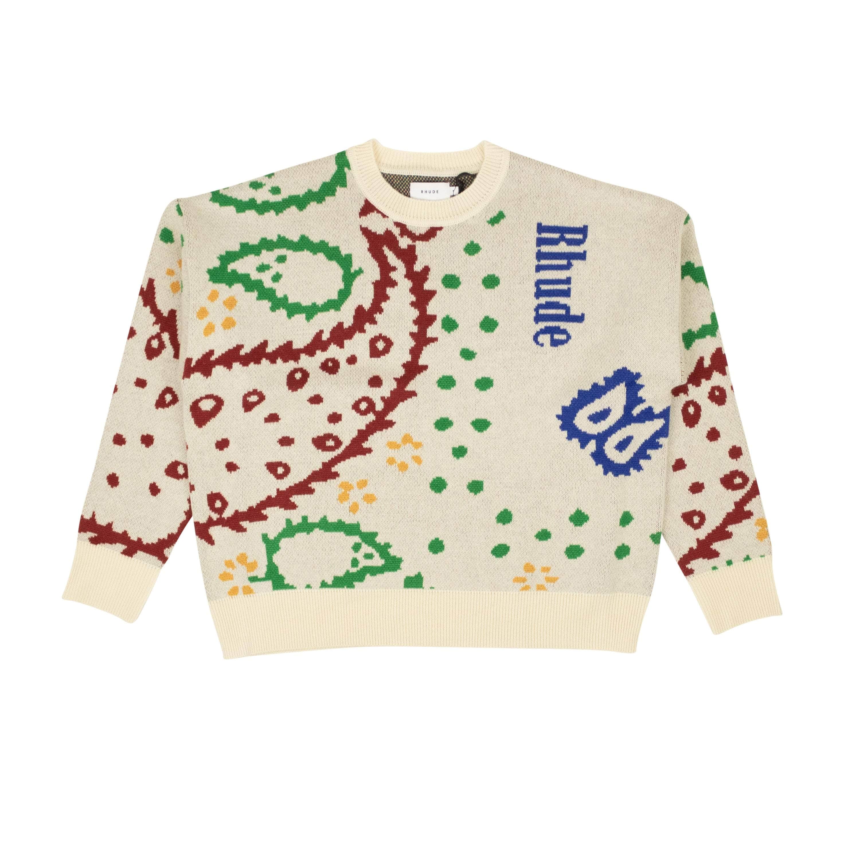 Rhude 750-1000, channelenable-all, chicmi, couponcollection, gender-mens, main-clothing, mens-pullover-sweaters, mens-shoes, rhude, size-m XL / RHD-XTPS-0025/XL Creme And Multicolored Merino Wool Bandana Crewneck RHD-XTPS-0025/XL RHD-XTPS-0025/XL