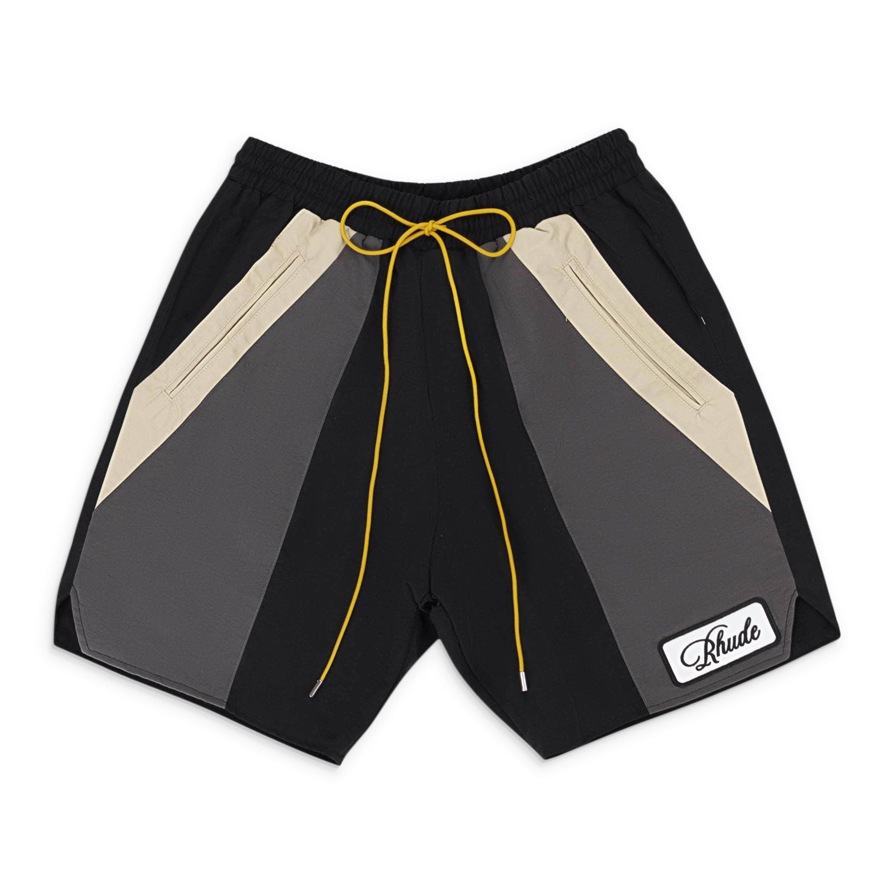 Rhude RHD-XBTM-0106/M NWT RHUDE CURSIVE PATCH BLACK/GRAY/BEIGE SHORTS SIZE M $505 RHD-XBTM-0106/M