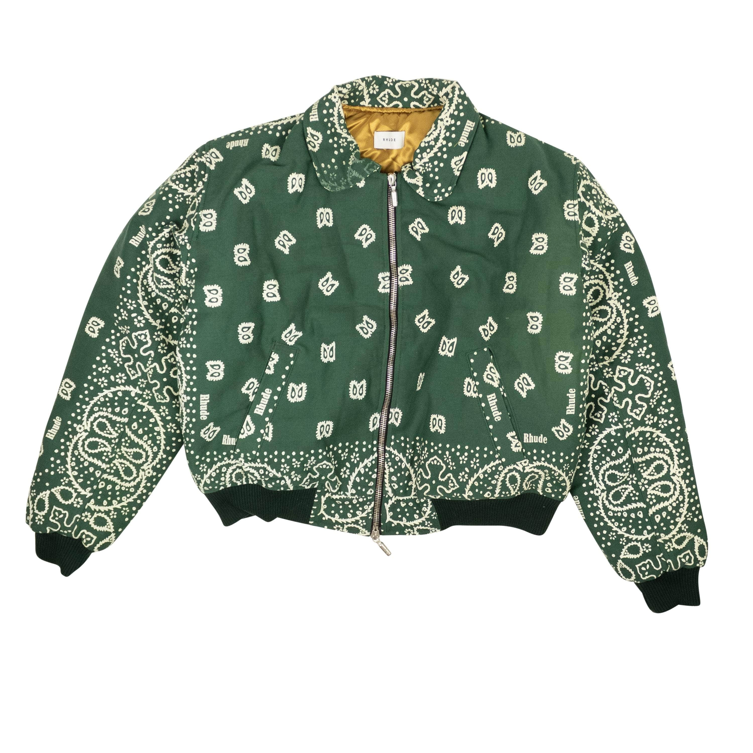 Rhude RHD-XOTW-0010/L NWT RHUDE Forest Green & Creme Cotton Lighting Bomber Jacket Size L $1915 RHD-XOTW-0010/L