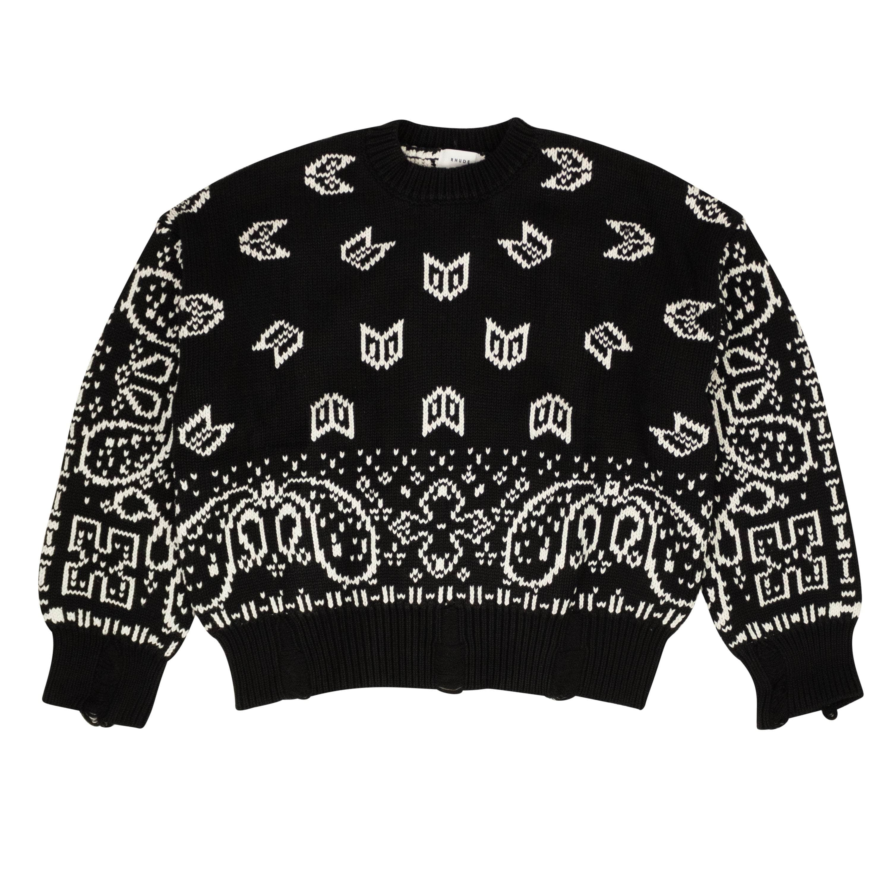 Rhude RHD-XTPS-0022/L NWT RHUDE Black Cotton Knit Bandana Print Crewneck Sweater Size L $1310 RHD-XTPS-0022/L