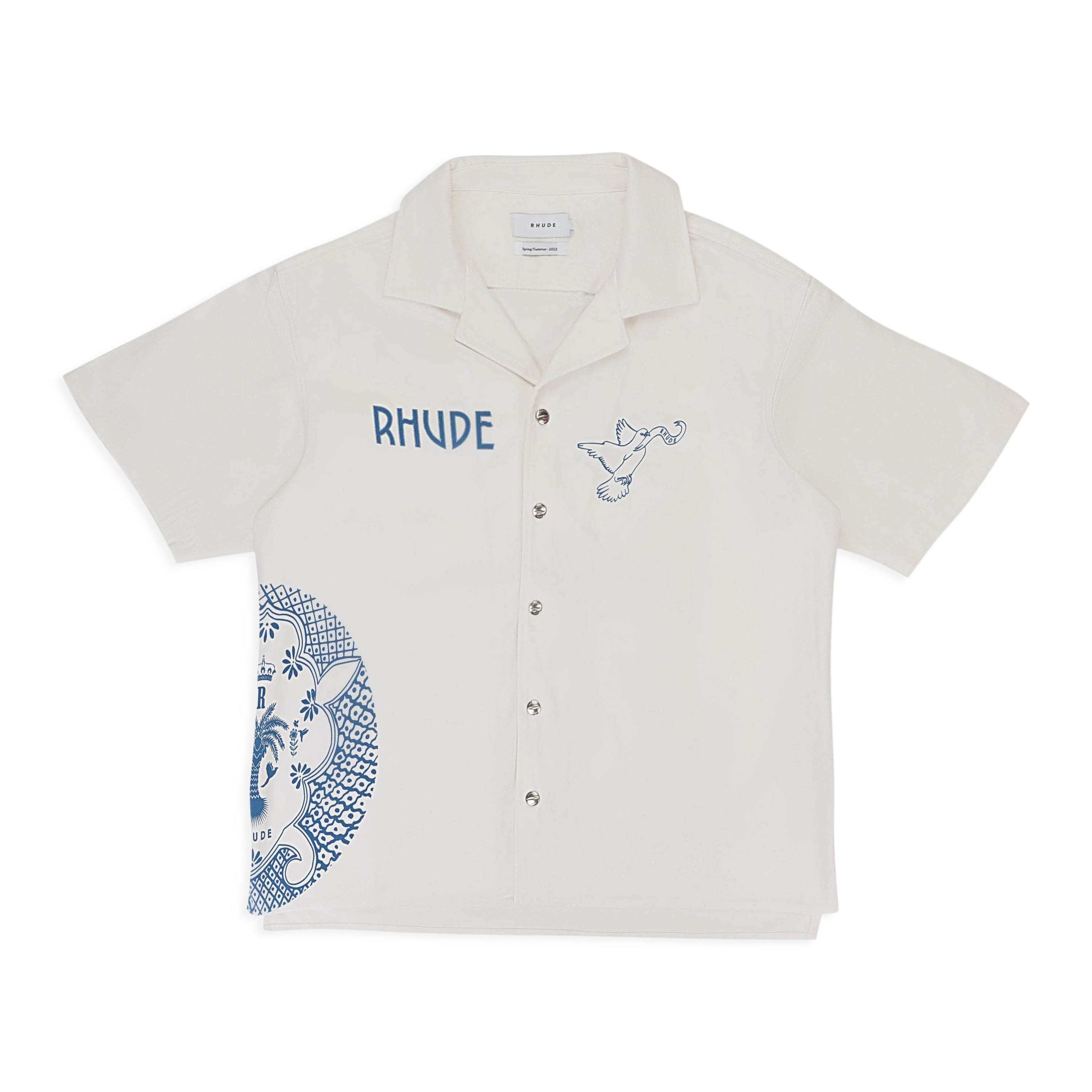 Rhude RHD-XTPS-0072/L NWT RHUDE CERAMICS CREAM/BLUE SNAP BUTTON CLOSURE SIZE L $645 RHD-XTPS-0072/L